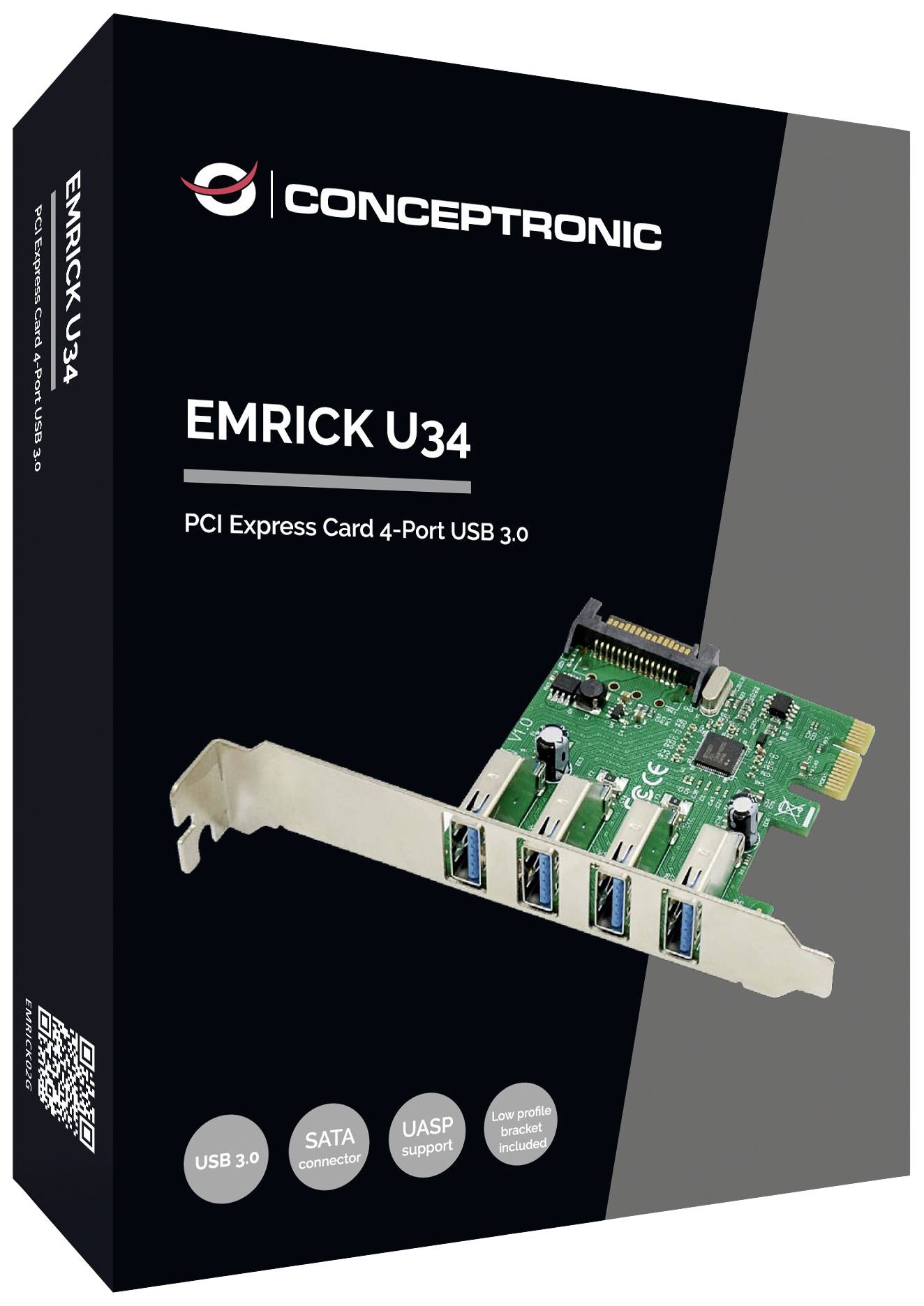En förpackning med ett PCI Express-kort för USB 3.0-anslutningar från märket Conceptronic, modell EMRICK U34, med fyra portar.