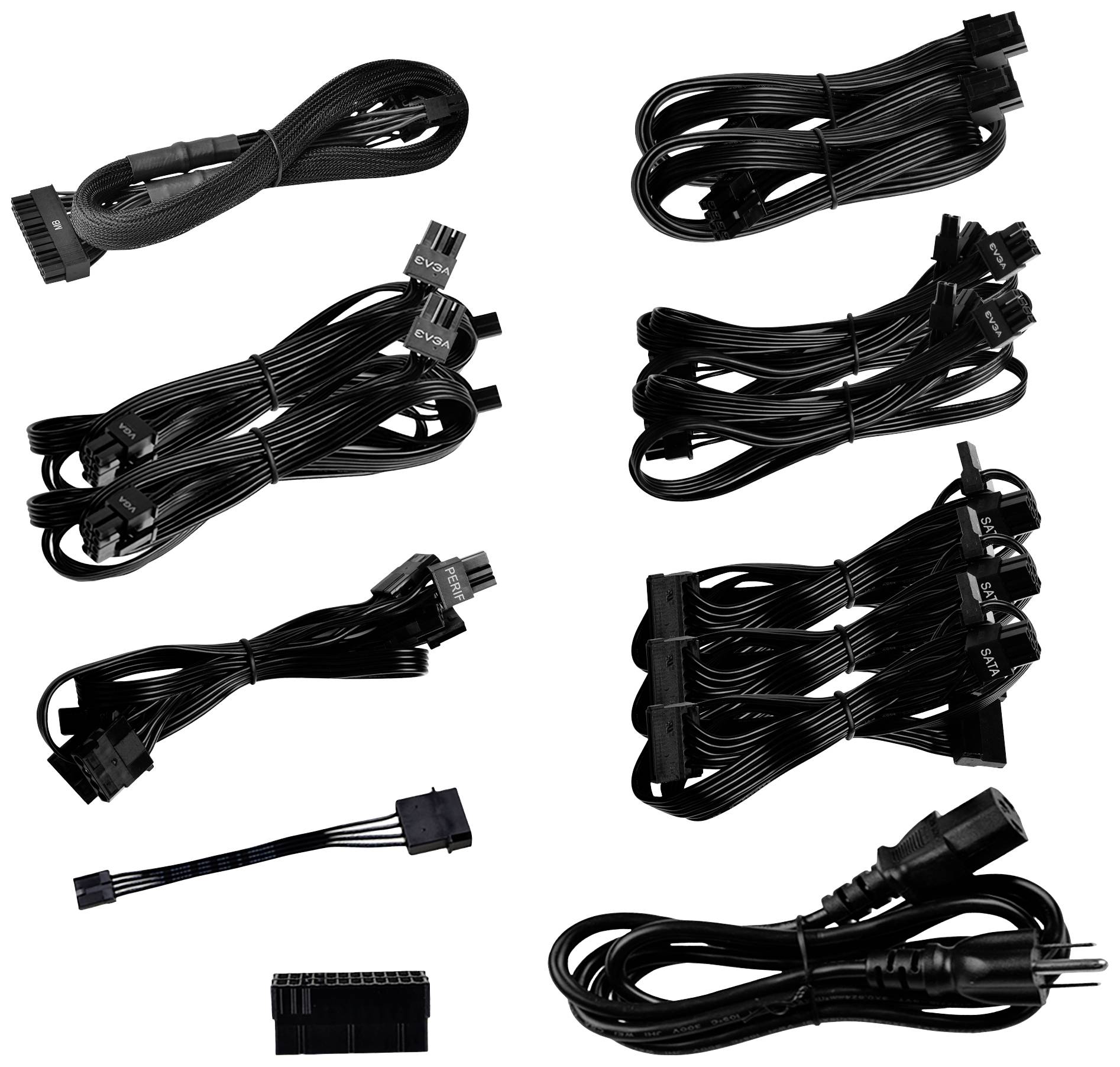 Olika svarta datorkablar, inklusive ström- och datakablar. Sorterade i grupper som används för datorkomponenter.