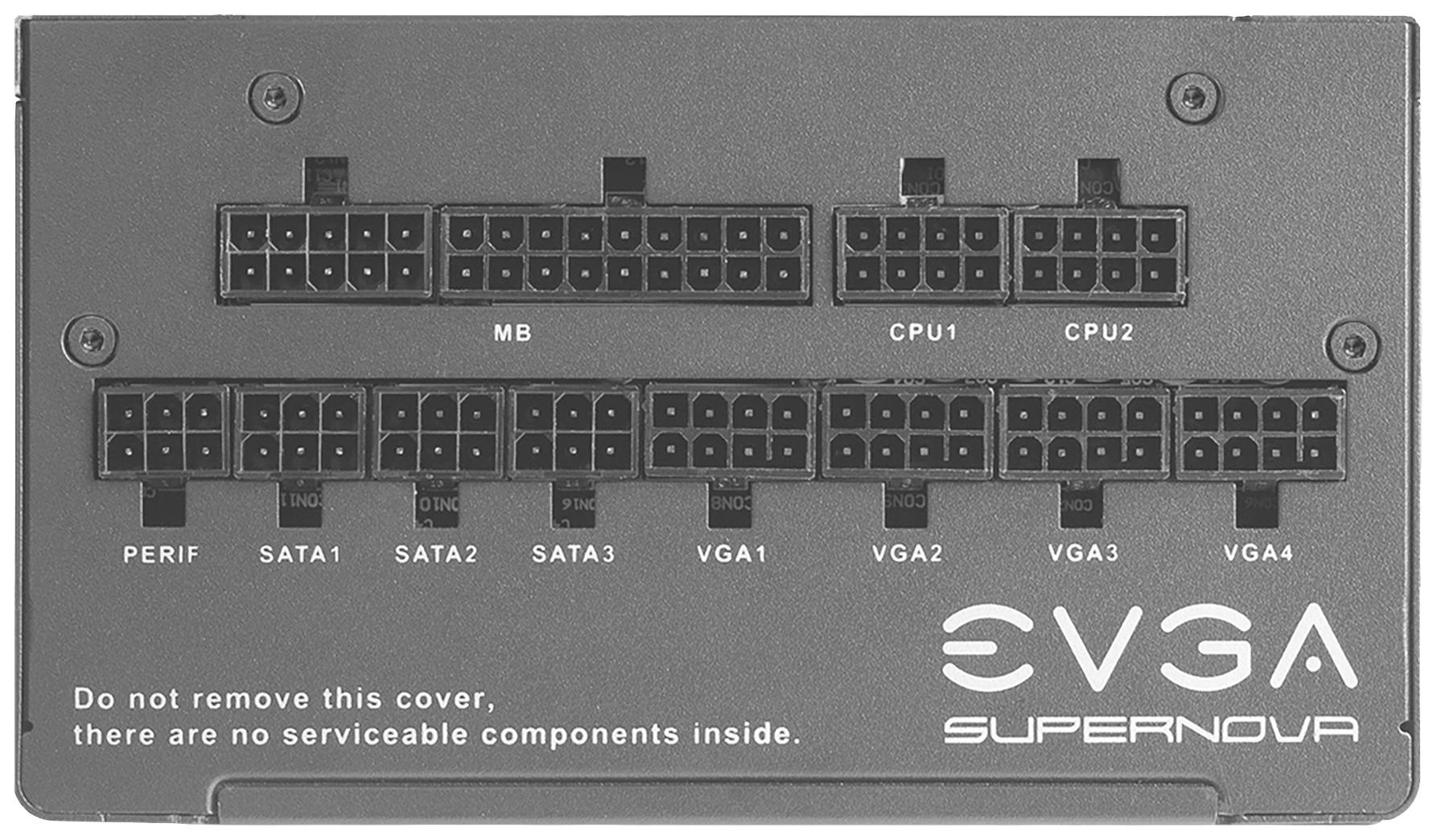 Baksidan av en EVGA SuperNOVA nätaggregat med anslutningar för moderkort, CPU, grafikkort, SATA och kringutrustning.