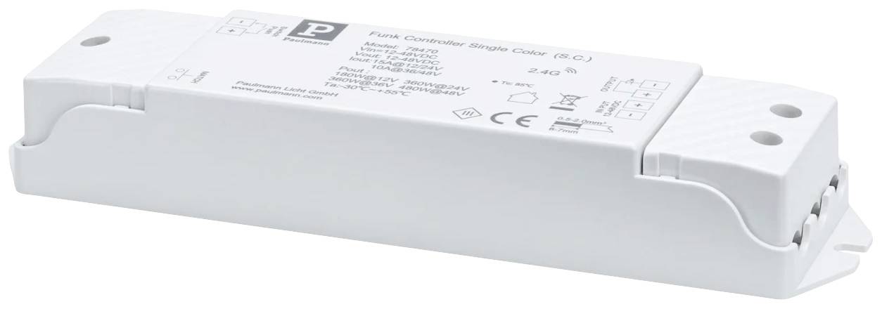 En rektangulär trådlös styrcontroller för belysning med tekniska specifikationer och certifieringslogotyper på ovansidan.