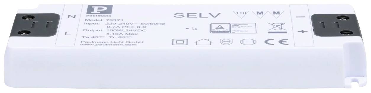 Rektangulär elektronisk transformator för LED-belysning, utrustad med tekniska specifikationer och anslutningsklämmor i ändarna.