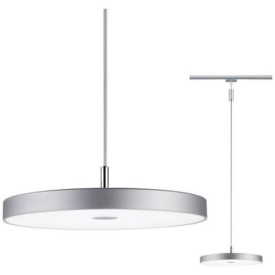Hängande lampor i silver metall, runda, med vit diffusor, hängande på tunna kablar.