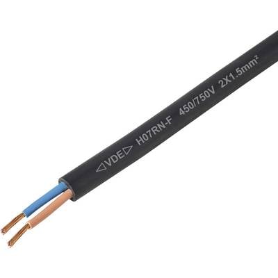 En svart elektrisk kabel märkt 'VDE H07RN-F 450/750V 2x1.5mm²' visar två exponerade koppartrådar: en blå, en brun.