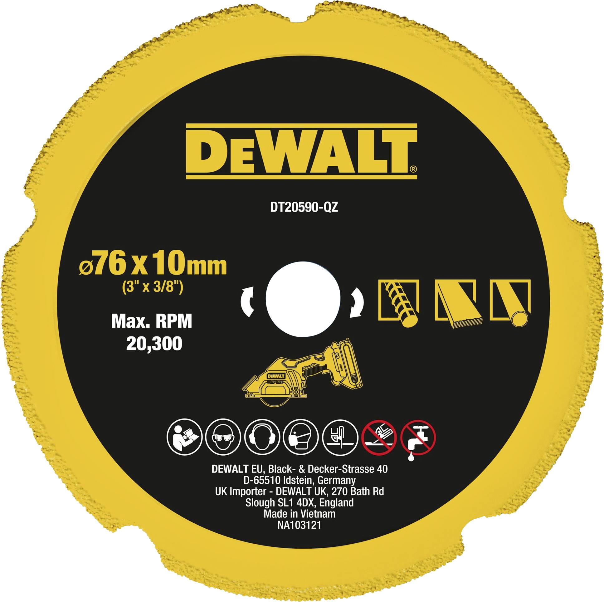 Rundformat sågblad från Dewalt, diameter 76 mm, tjocklek 10 mm, maximal varvtal 20.300 RPM. Lämplig för trä och metall.