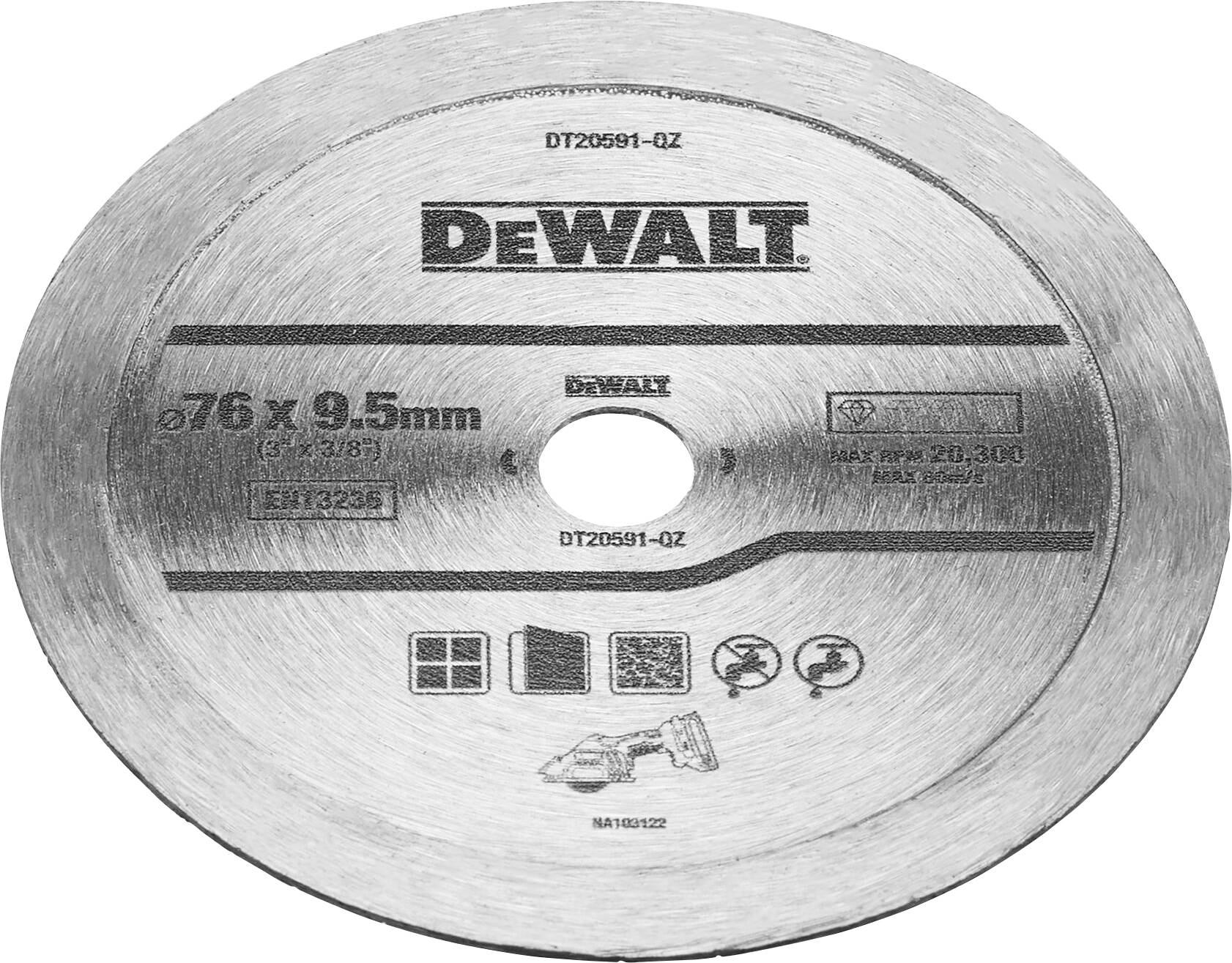 DeWalt metallskärskiva, diameter 76 x 9,5 mm, maximal varvtal 28.300 varv/min, med symboler för säkerhetsanvisningar.