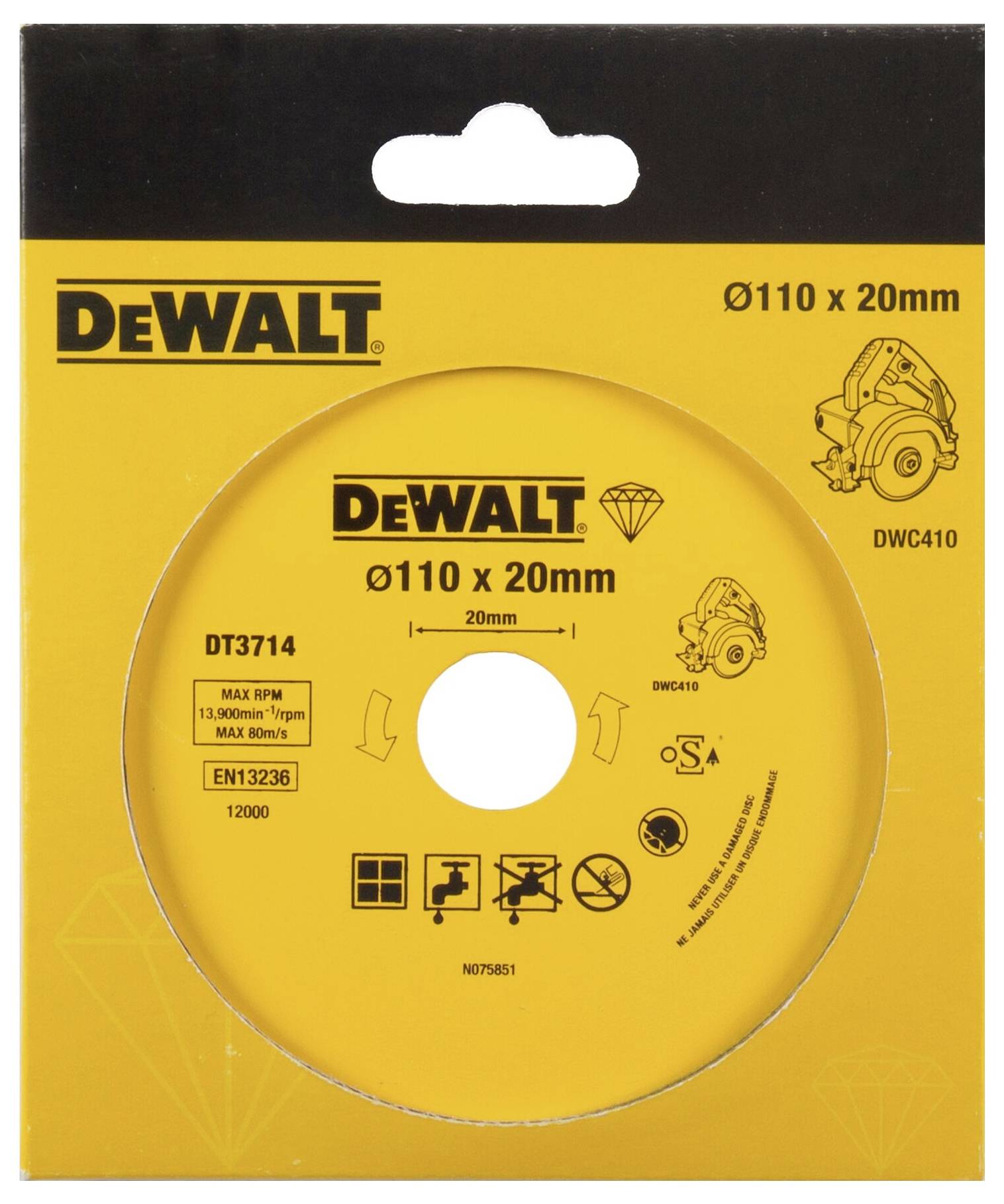 DEWALT Diamantkapskiva Ø110 x 20 mm för kakel, Modell DWC410, max. 13300 varv/min, EN13236 Standard, rektangulär förpackning.