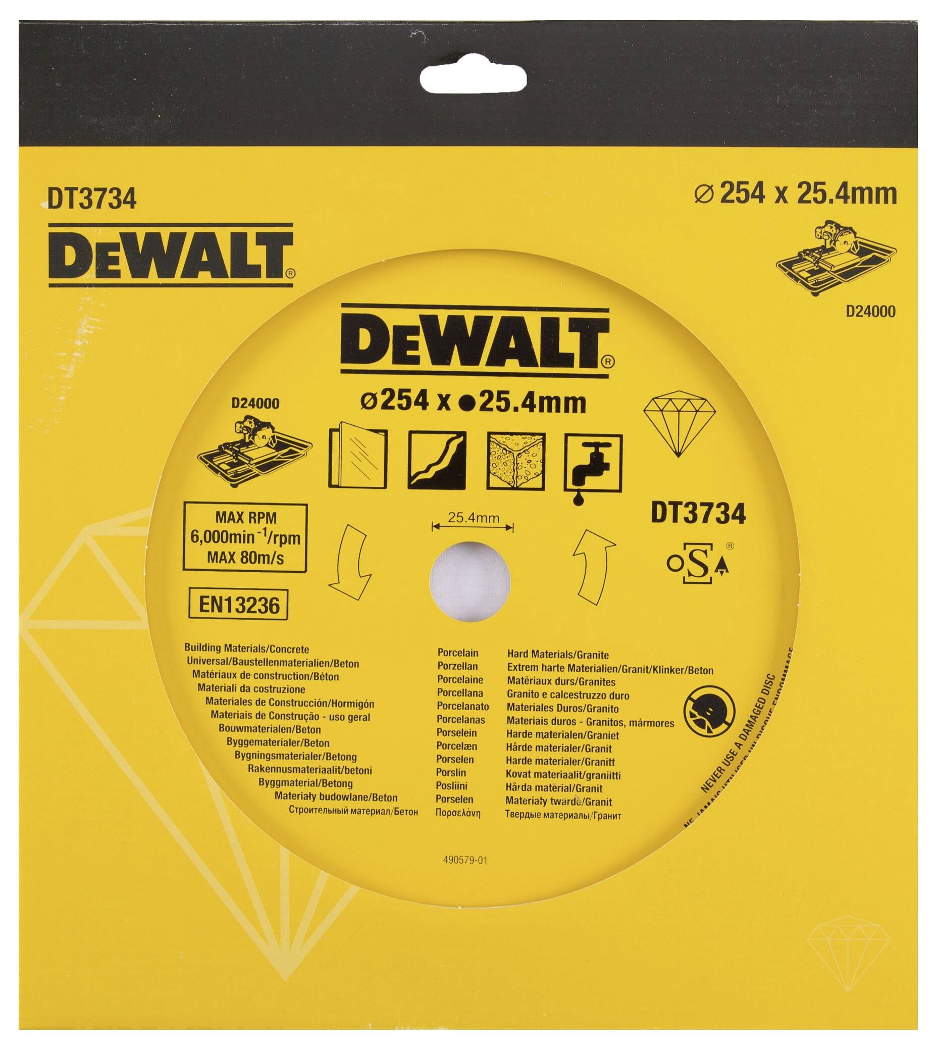 DeWalt DT3734 diamantkapskiva, lämplig för betong med måtten 254 x 25,4 mm. Visar symboler för varvtal, säkerhet och användningsområde.