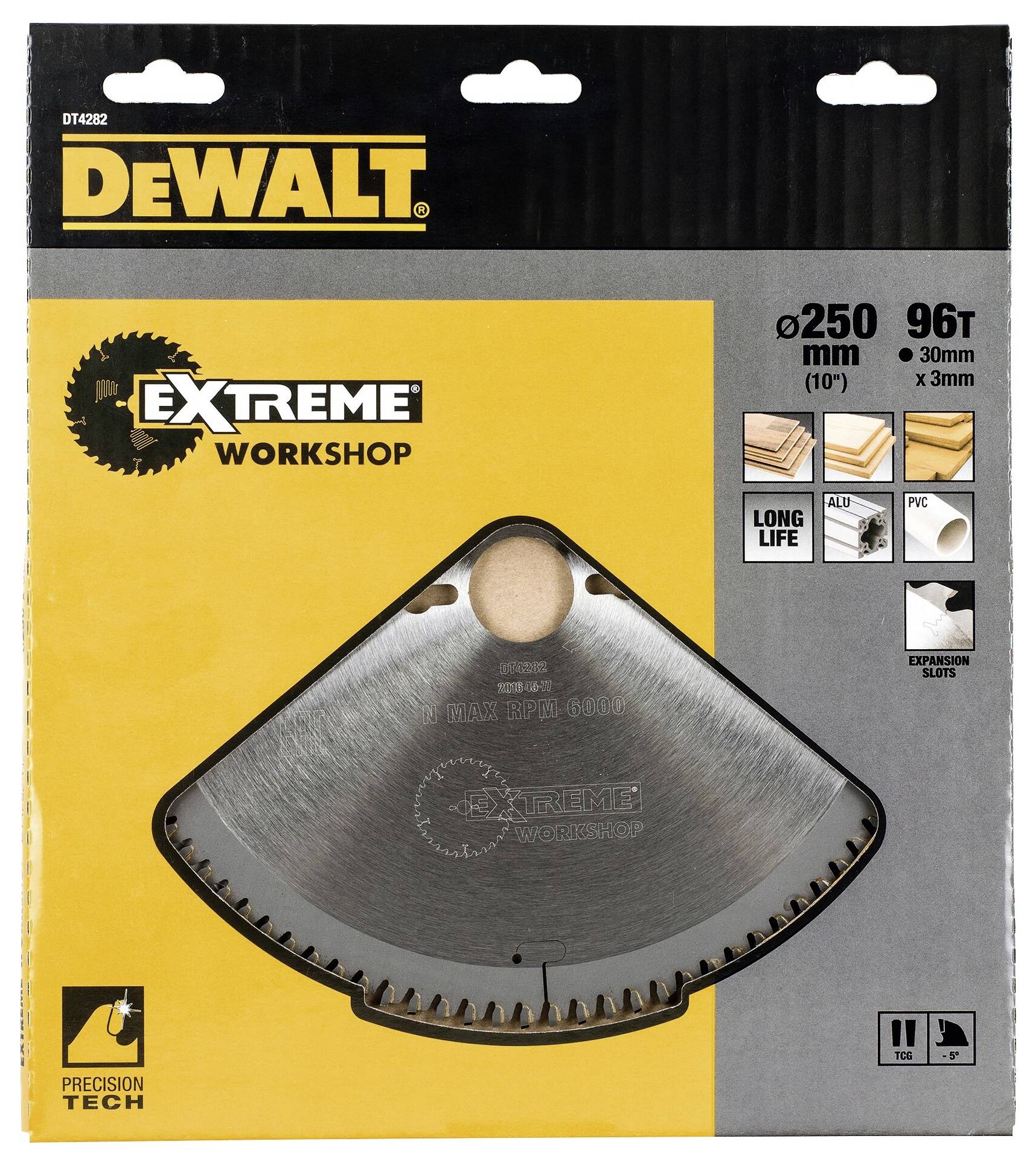 'DeWalt Extreme Workshop' sågbladsförpackning, visar ett 250 mm, 96-tandigt blad för precisionskapning av trä och metall.