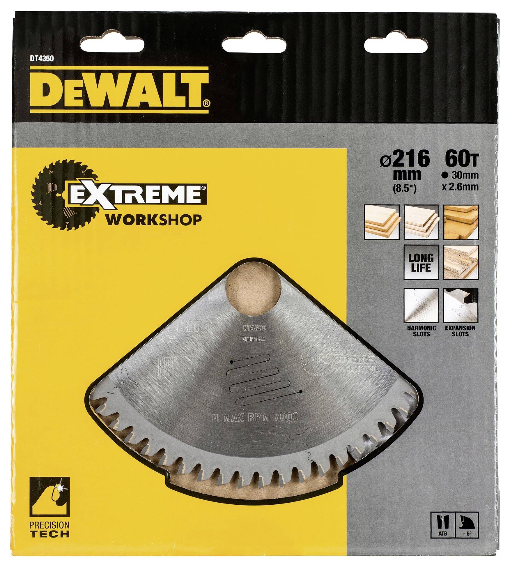 Förpackning för DeWalt cirkelsågblad, 'Extreme Workshop', Ø 216 mm, 60 tänder, lämplig för trä, metall och laminat.