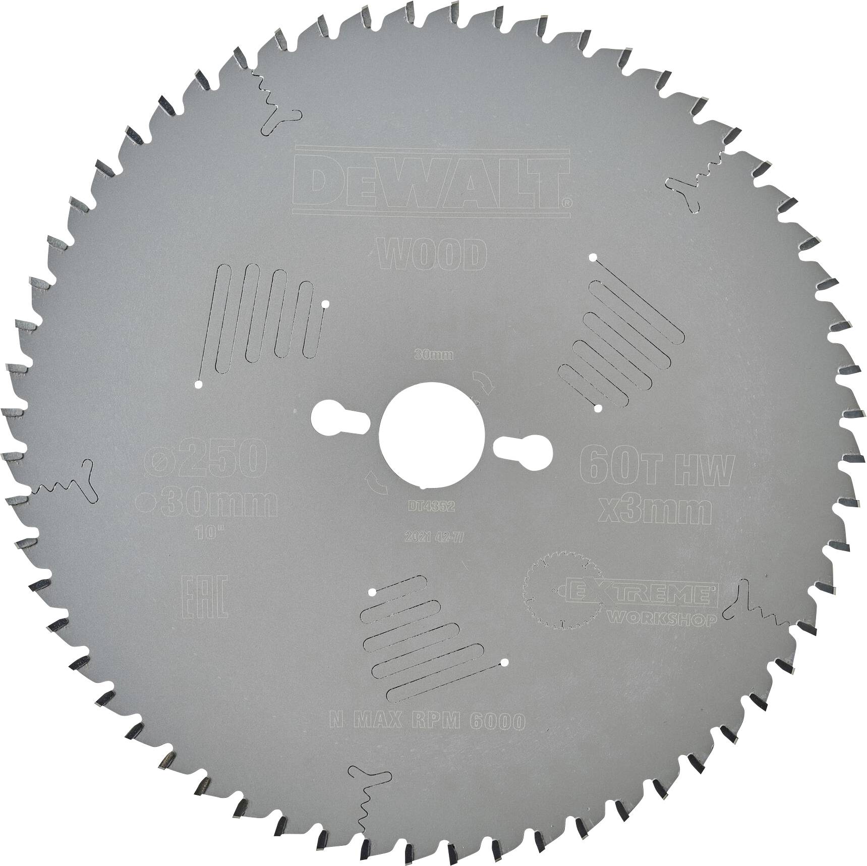 Cirkelsågblad för trä, silverfärgat, med 60 tänder, märke 'Dewalt', diameter 250 mm, lämpligt för precision sågning.