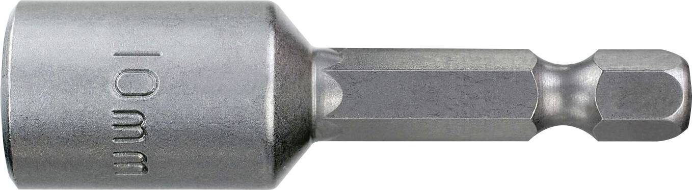 Metallisk skruvmejselinsats med sexkantig axel och ett hylsenhet, graverad med '10 mm'.