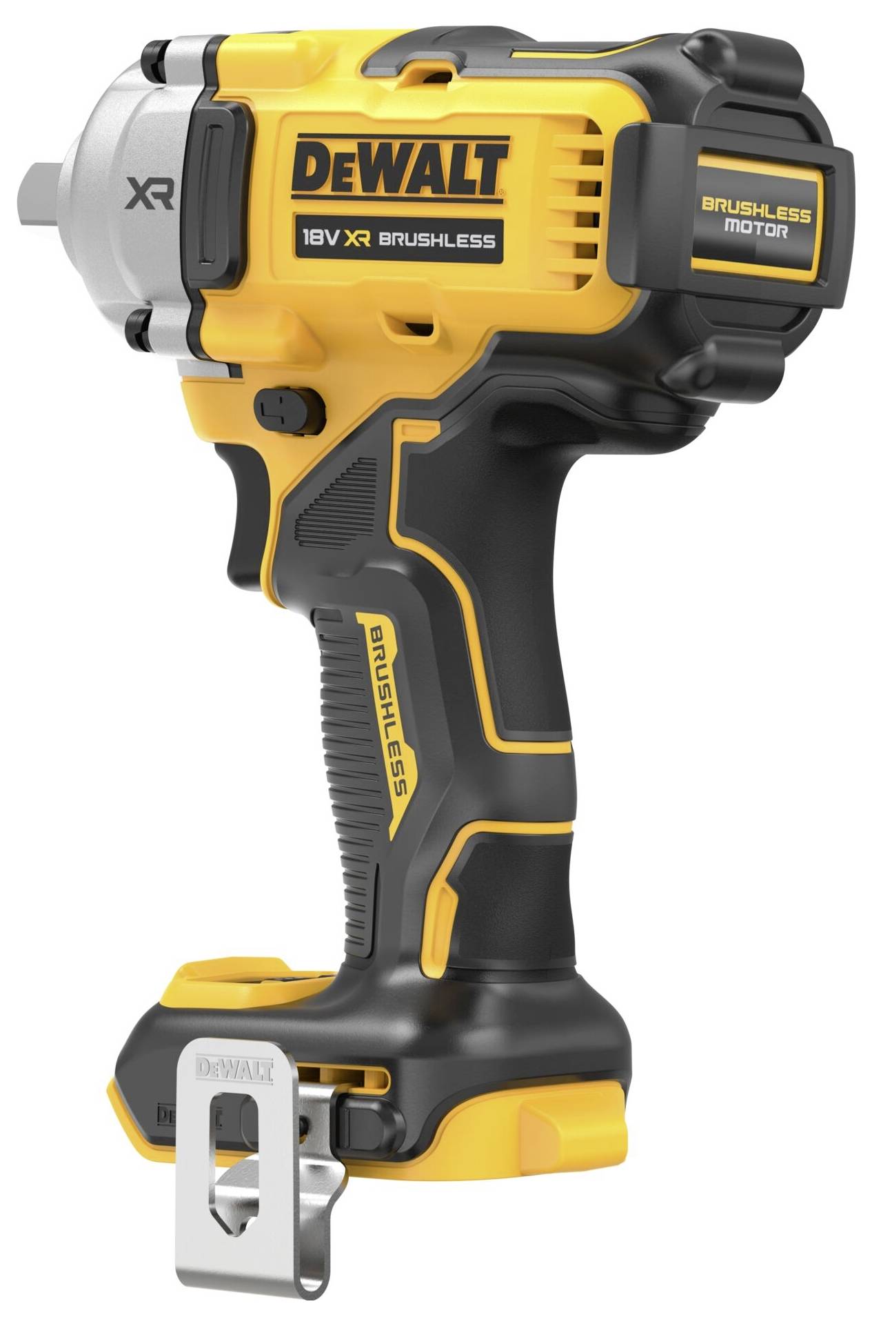 En gul och svart sladdlös slagskruvmejsel från DeWalt med borstlös motor och robust design för krävande arbetsuppgifter.
