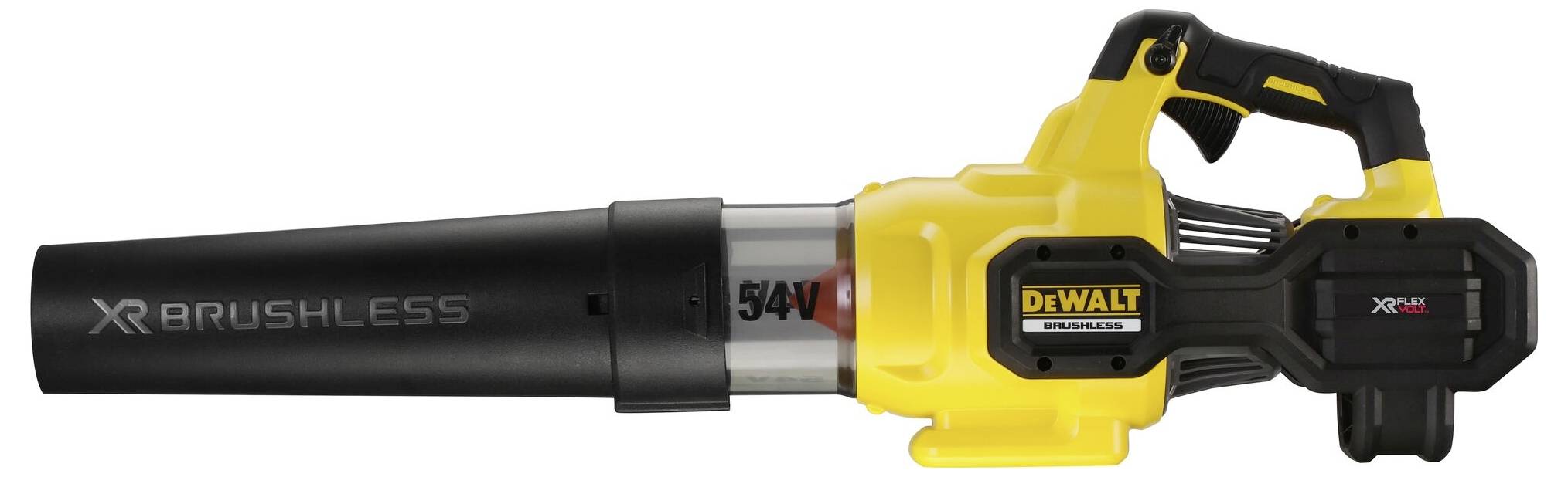 Batteridrivet lövsug i gult och svart med texten 'XR BRUSHLESS'. Modellen visar 54V prestanda.