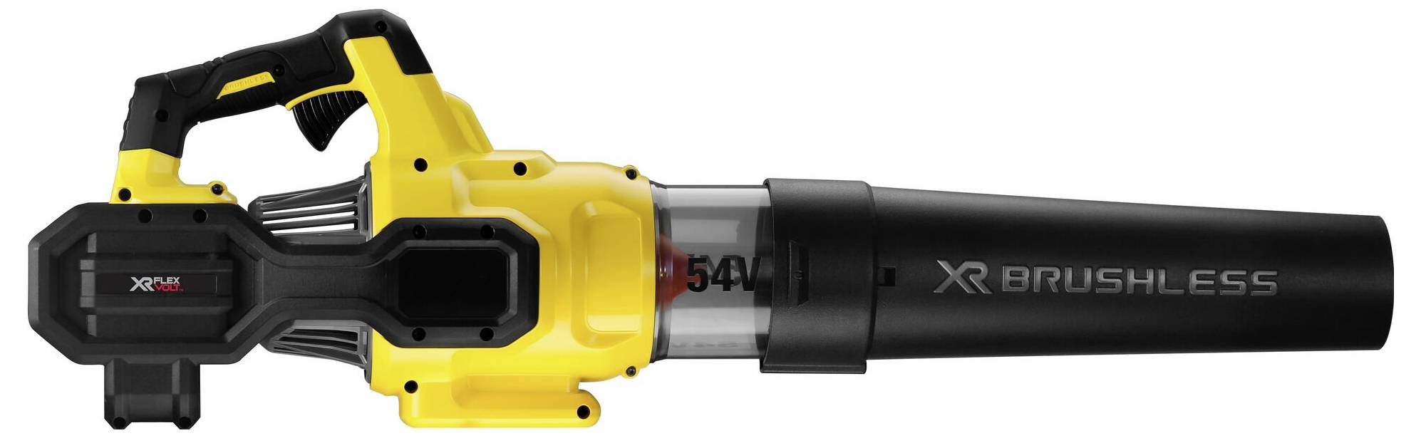 Handhållen, gul och svart batteridriven lövblås med märkningen 'XR BRUSHLESS', lämplig för trädgårdsarbete.