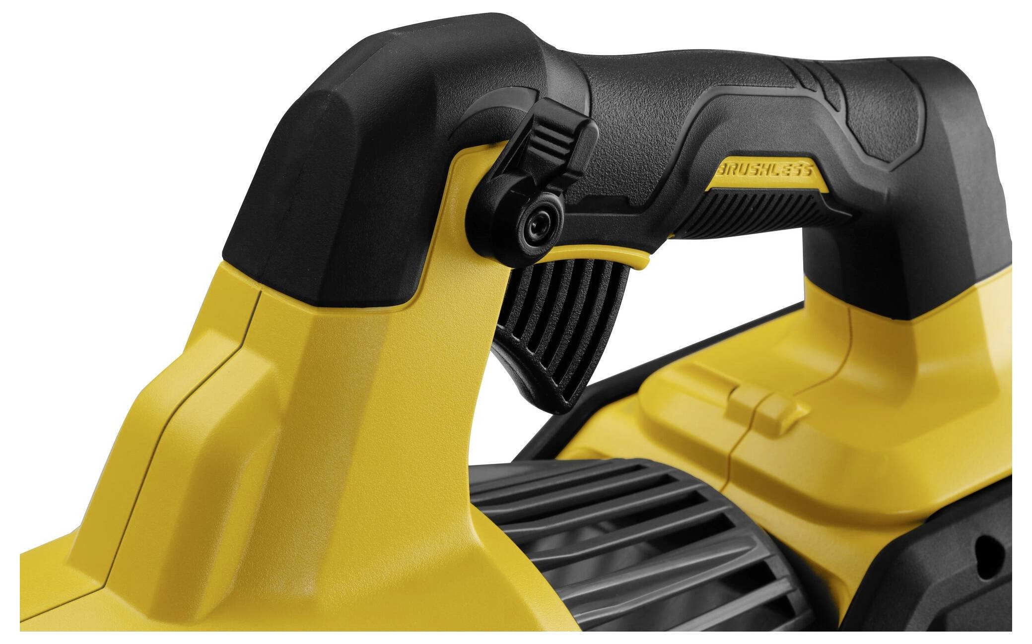 Närbild av ett gult elverktygshandtag med svart accent. Fokus ligger på handtagets ergonomiska design.