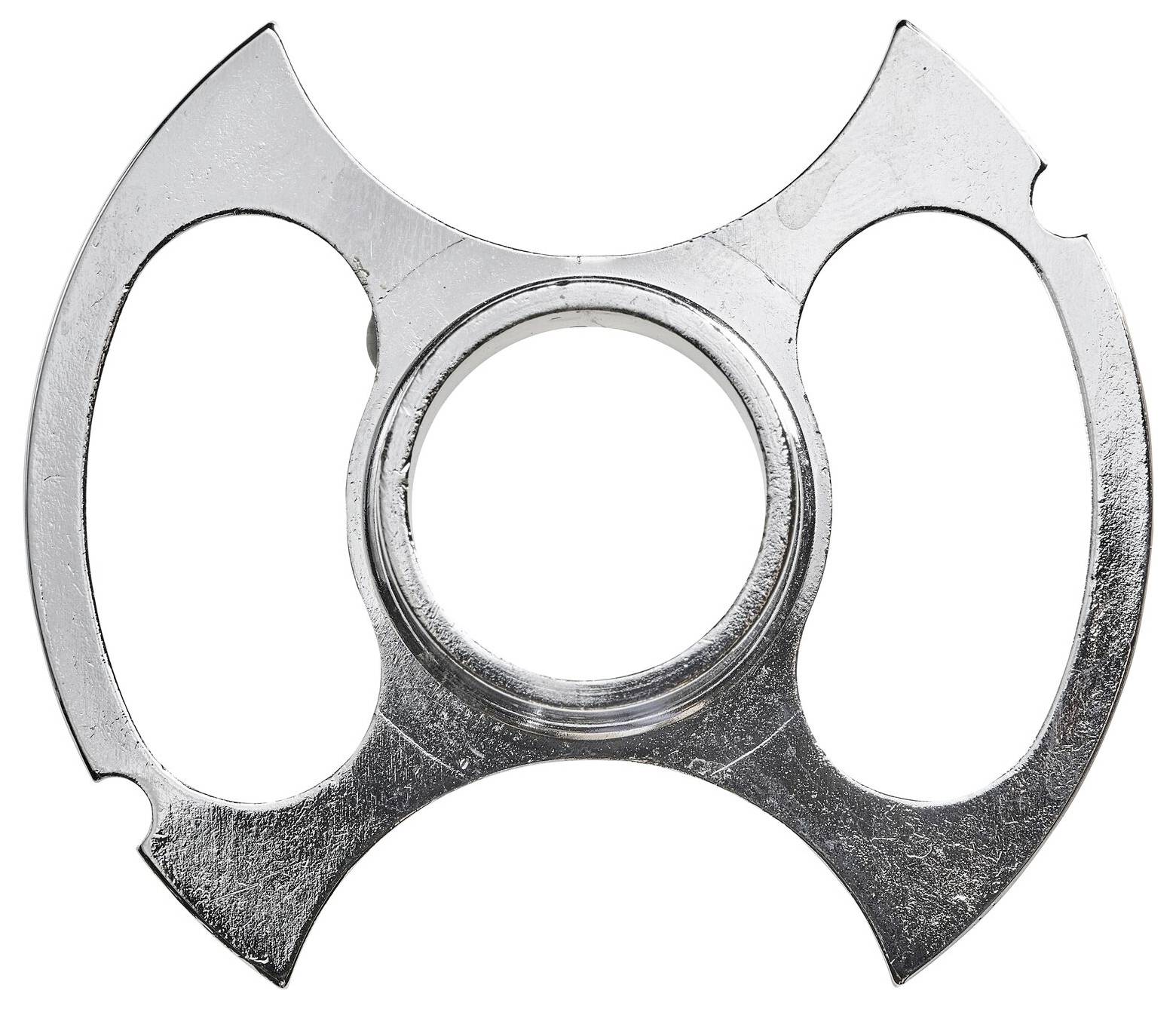 Metallisk rundad burköppnare med tre avrundade blad, centralt handtag och blank yta.