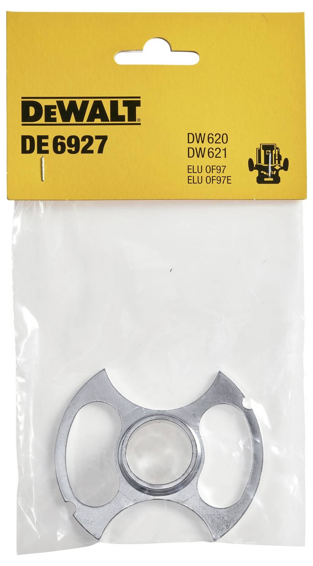 'DeWalt DE6927' Routerskydd i plastförpackning, kompatibel med modellerna DW620 och DW621, med produktinformation på gul etikett.