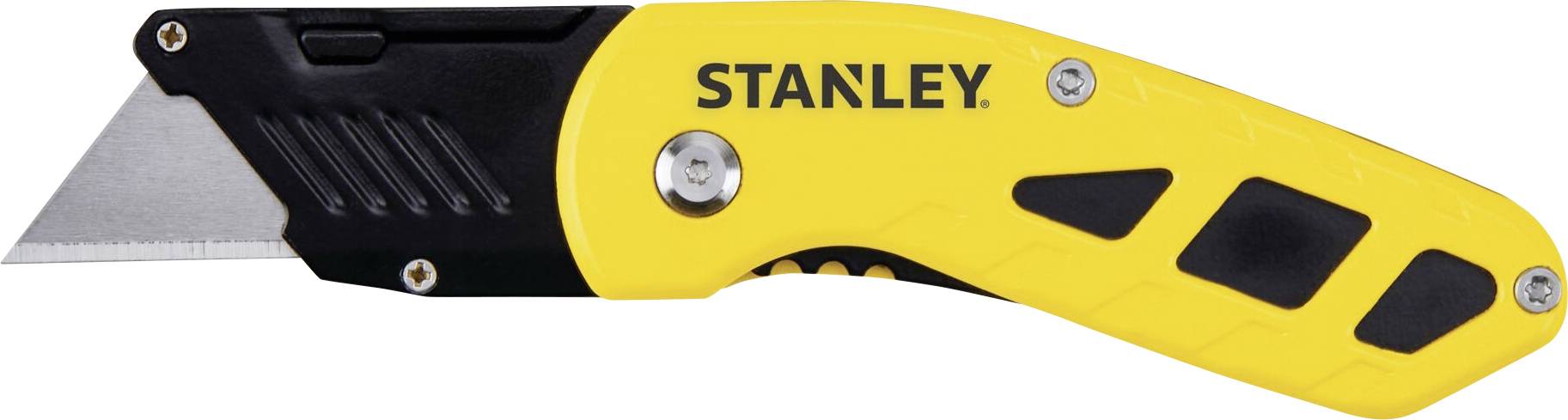Ett gult Stanley-universalkniv med svart handtag och silverfärgat blad, lämplig för precisionskapning.