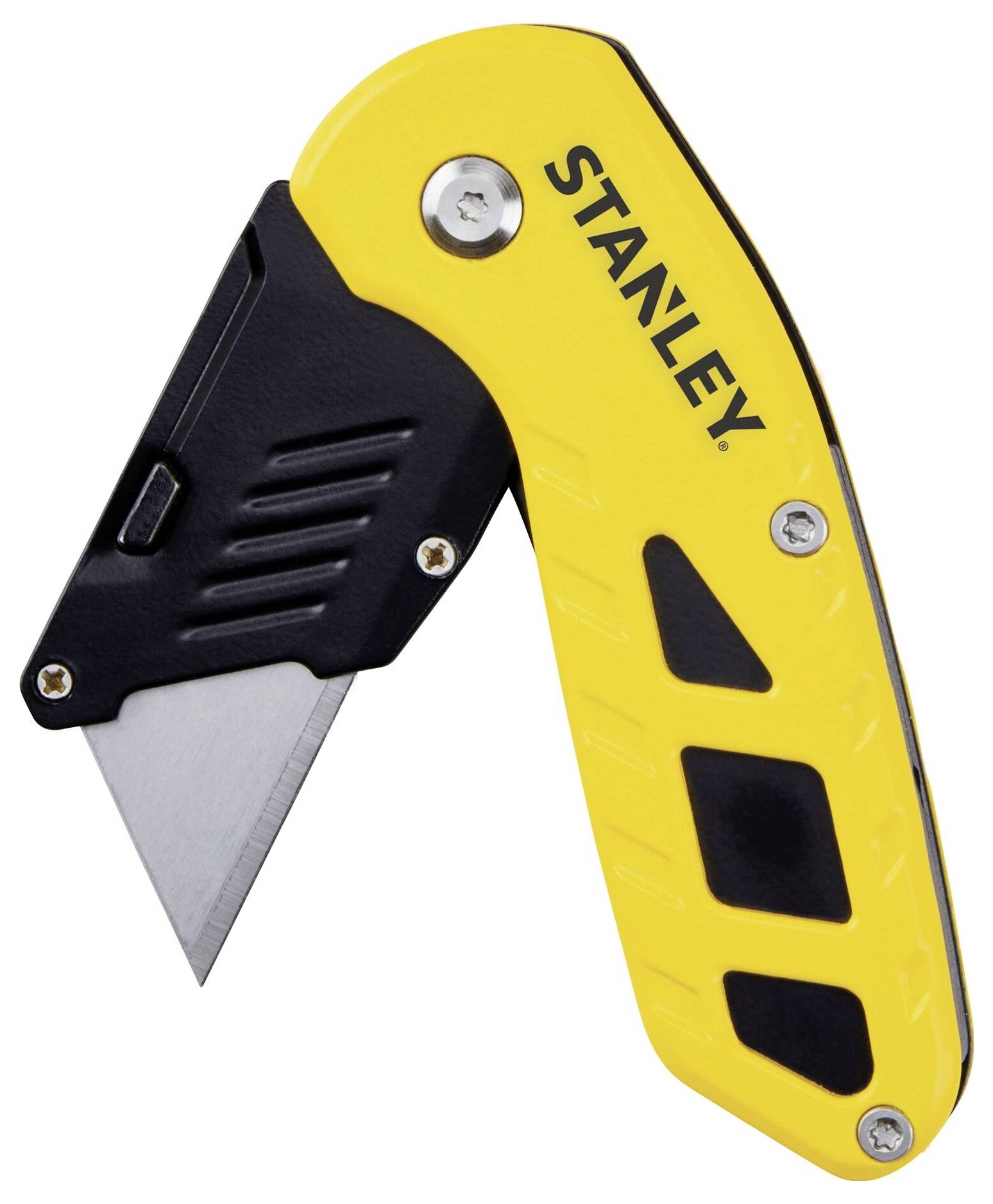 Ett gult fällkniv från märket Stanley med ett delvis synligt blad och svart handtag, avbildat i öppet läge.