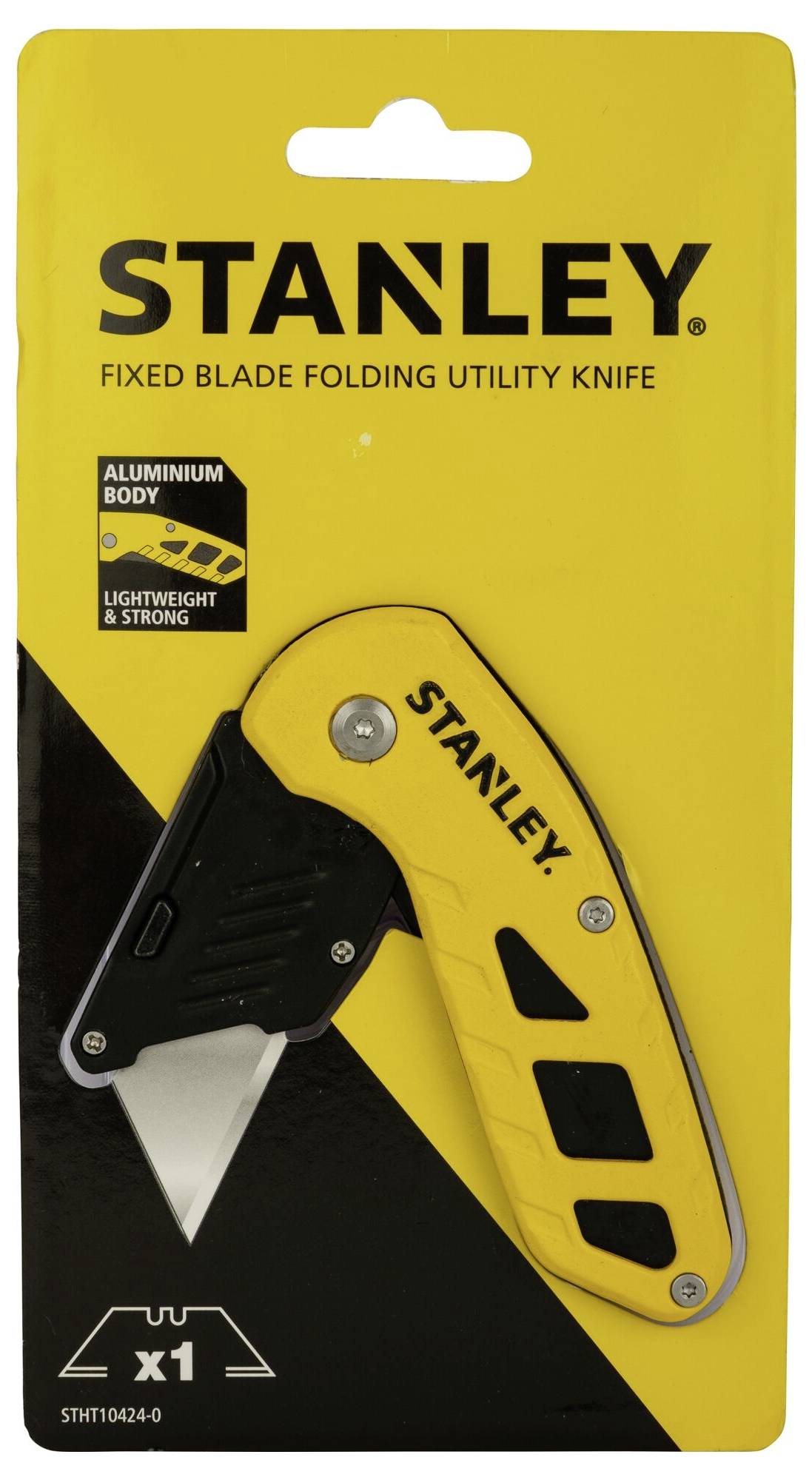 Förpackning för en gul fällkniv med fast blad från Stanley. Egenskaper: Aluminiumhölje, lätt och robust.