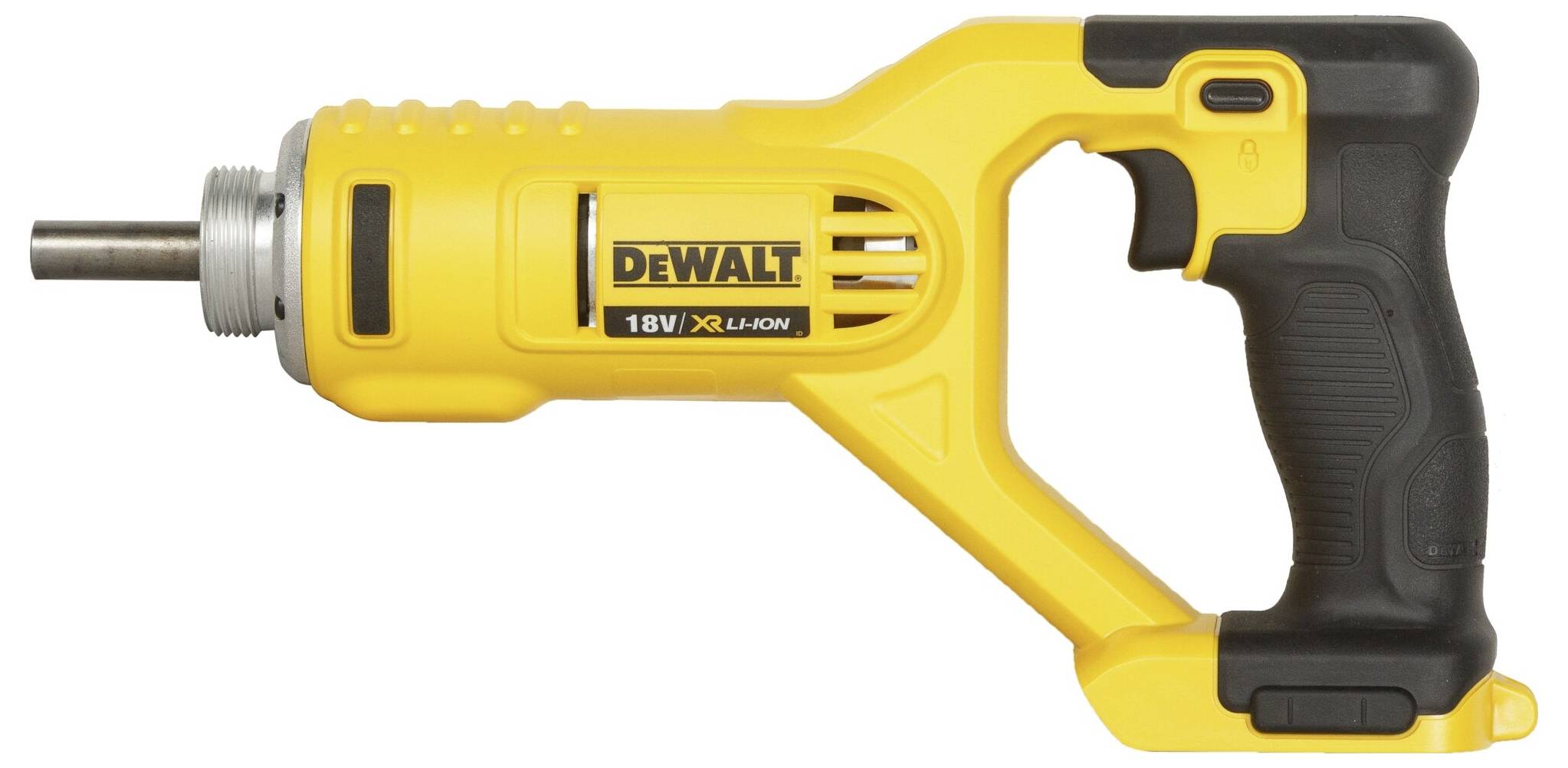 Gul sladdlös slagskruvmejsel med svart handtag, märke DeWalt, 18V Li-Ion. Verktyg för fastsättning och lossning av skruvar och muttrar.