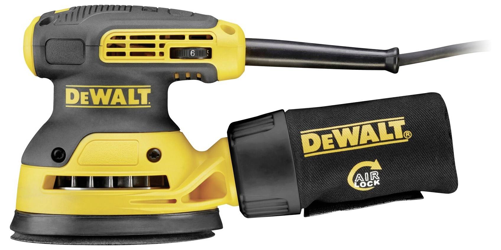 En gul och svart elektrisk oscillerande slipmaskin från DeWalt med ansluten dammpåse, lämplig för träarbeten.