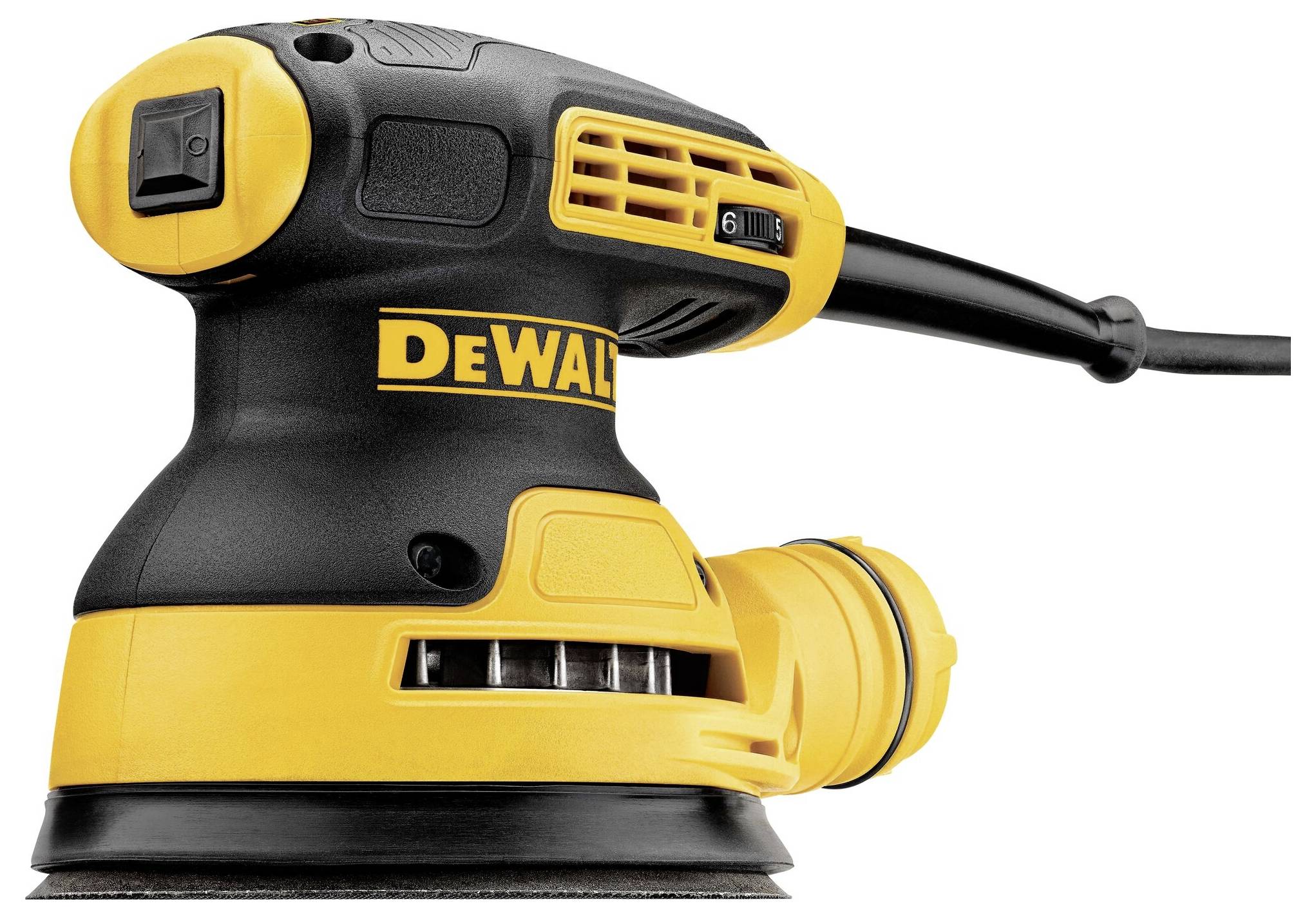 Gul-svart excenterslipmaskin från DeWalt med nätkabel, kompakt design, perfekt för sliparbeten på olika ytor.