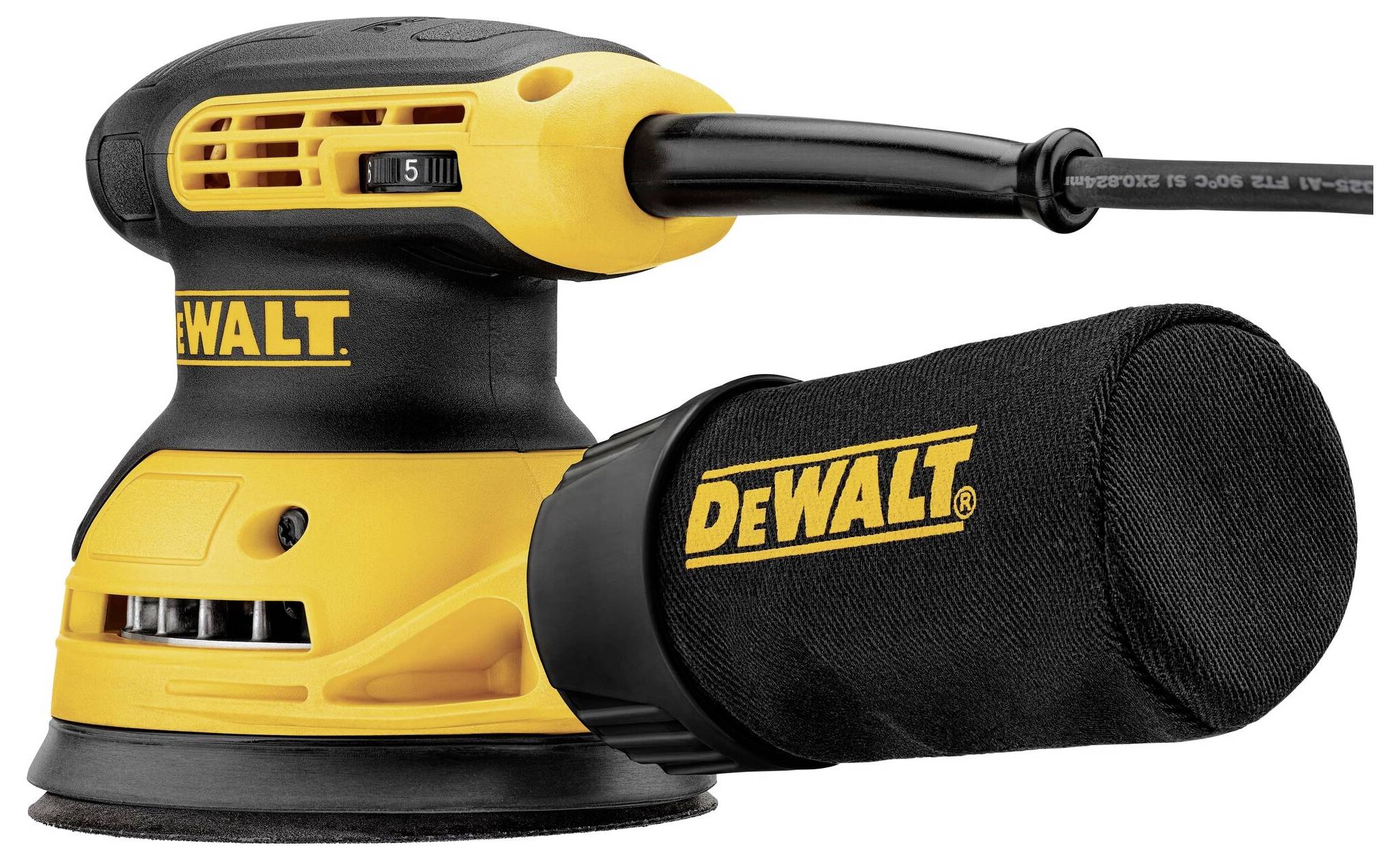 Gul-svart oscillerande slipmaskin med dammuppsamlingssystem från märket DeWalt; kompakt, lämplig för precisionsslipning av träytor.