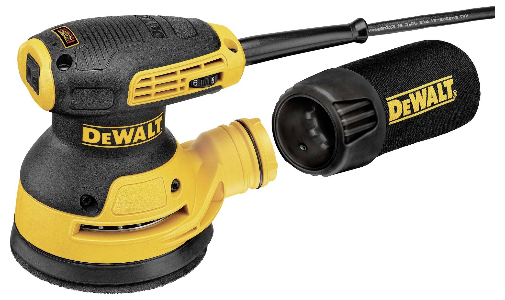 En elektrisk DeWalt slipmaskin med svart och gult design, bredvid en matchande dammuppsamlingsbehållare med DeWalt-logotyp.