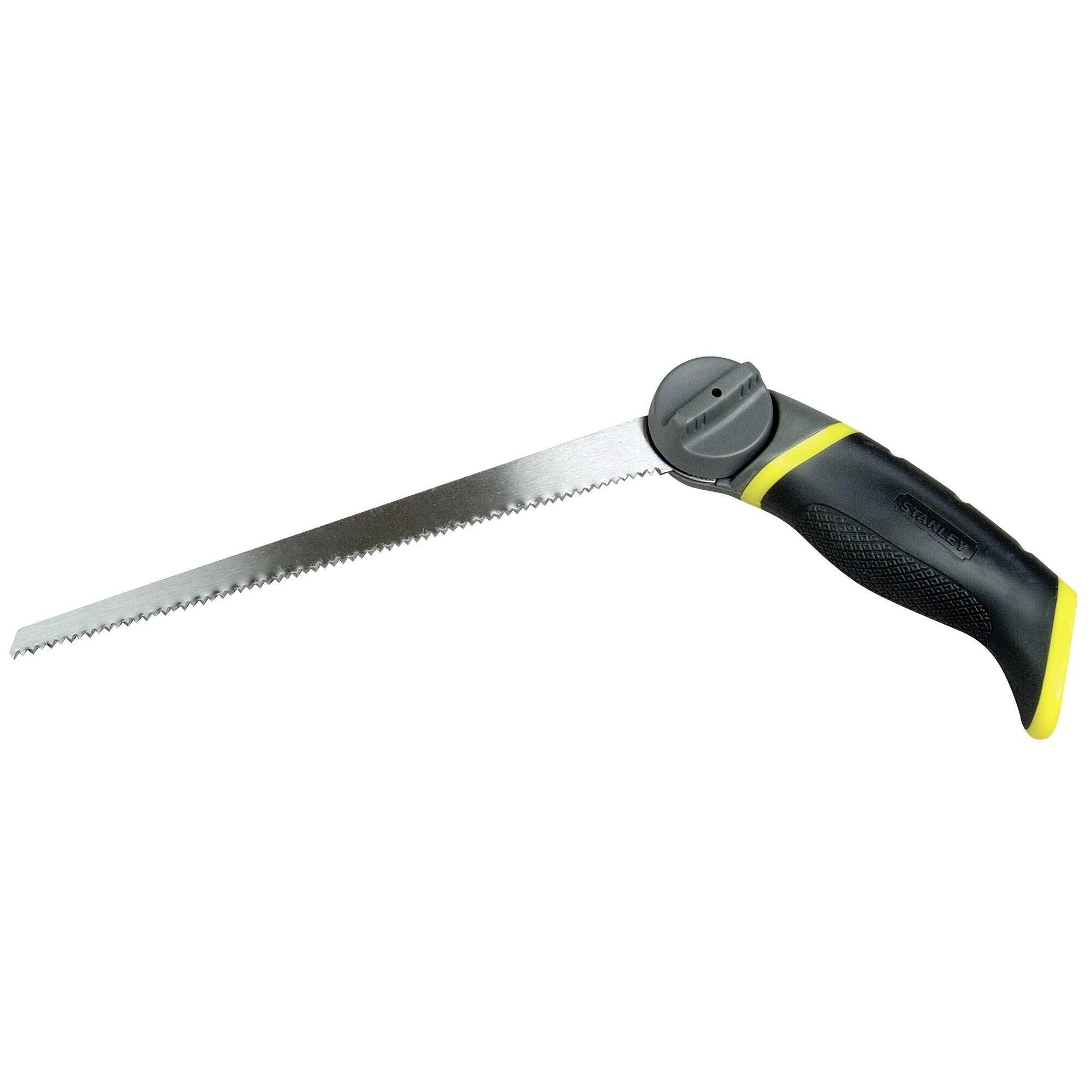 Handsåg med svart ergonomiskt handtag och gul accent, med lång tandad klinga. Lämplig för träarbeten.