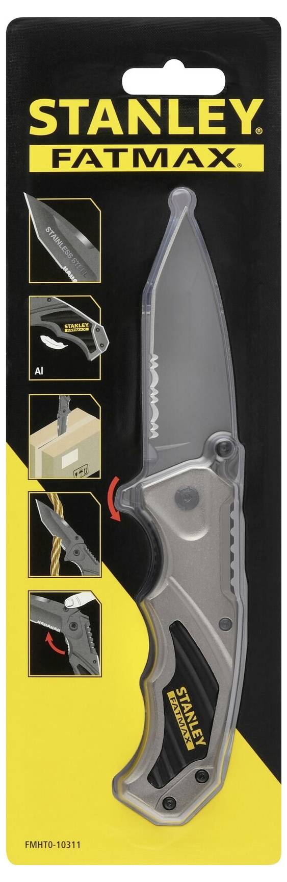 Ett vikbart Stanley FatMax-kniv i originalförpackning. Innehåller bilder som visar användning: skära rep, öppna kartong.