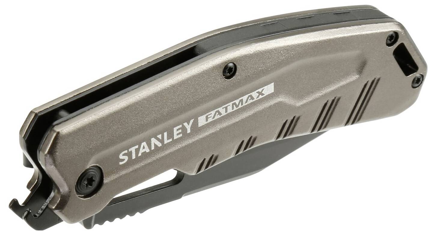 Ett stängt, vikbart Stanley FatMax-kniv med grått handtag och svart klingfäste.