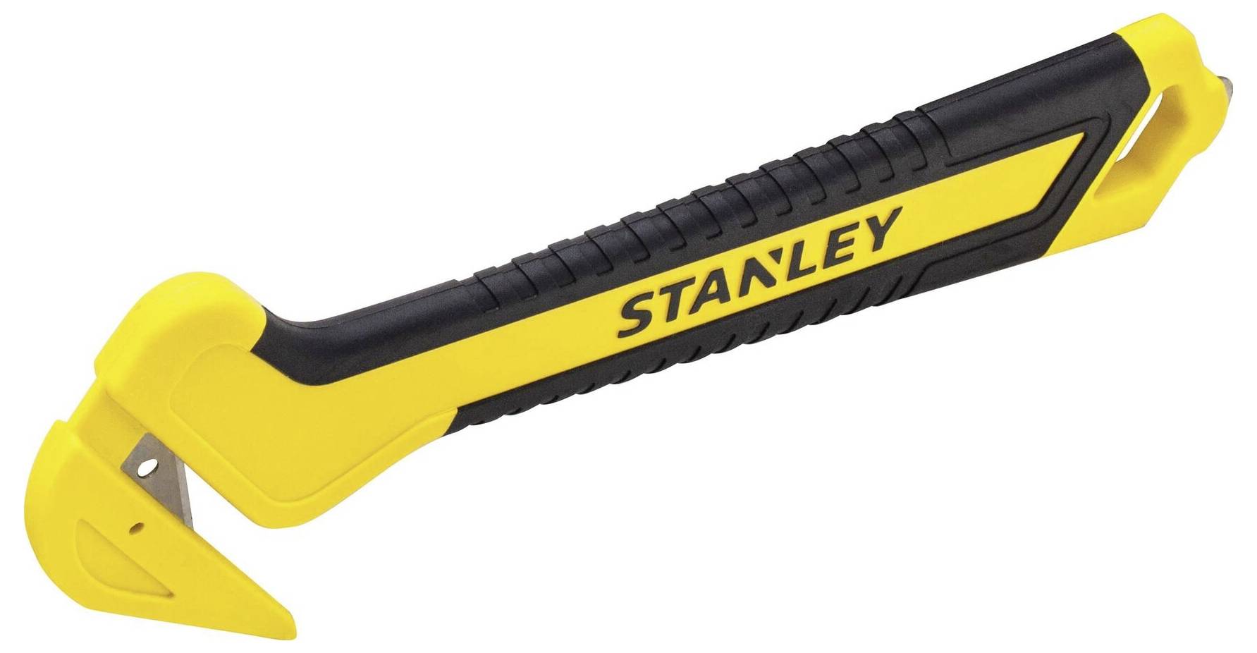 En gul säkerhetskniv med svart handtag och texten 'STANLEY', avsedd för att skära förpackningar eller andra material.