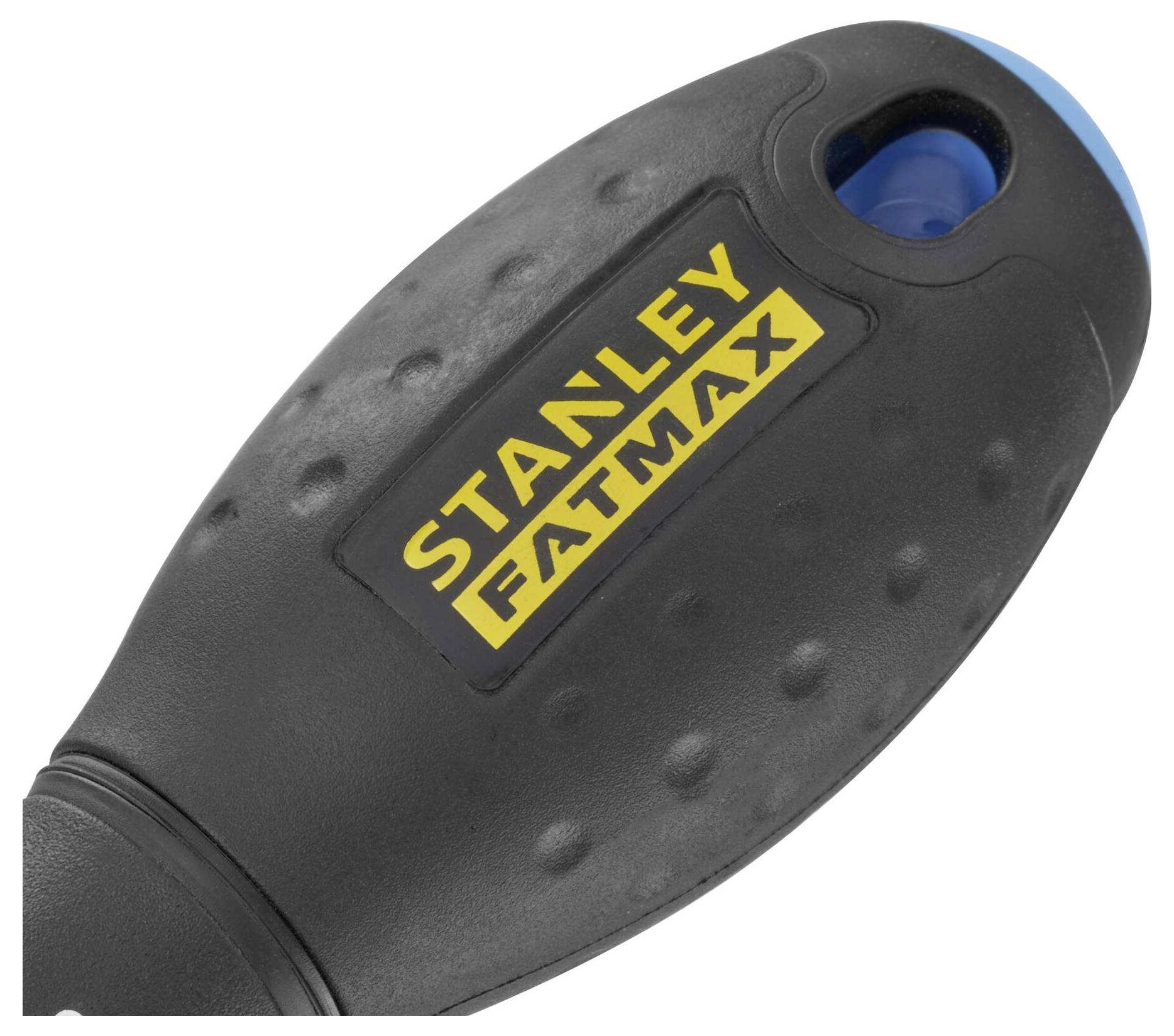 En svart skruvmejselhandtag med gul text 'STANLEY FATMAX'.
