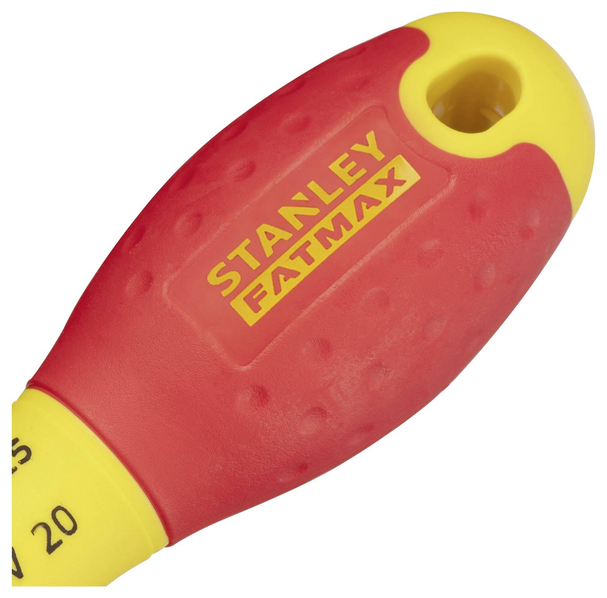 Ett rött och gult skruvmejselhandtag med texten 'Stanley Fatmax'.