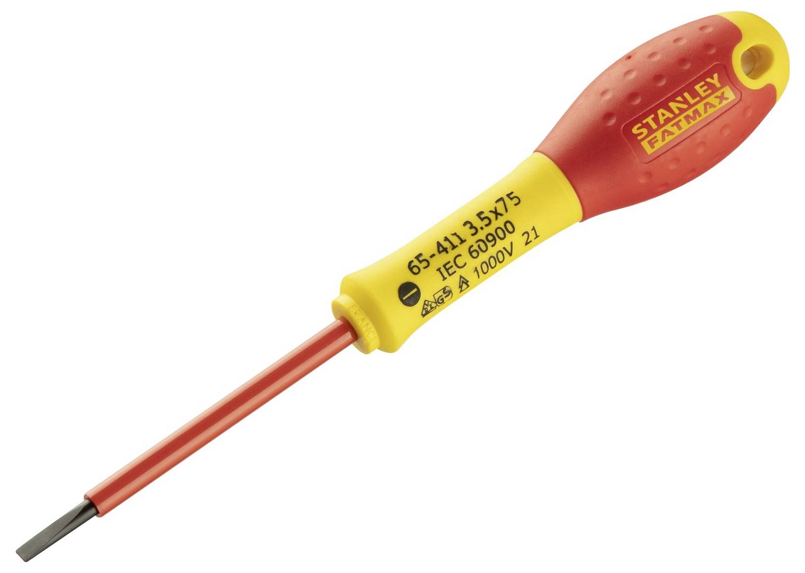 En skruvmejsel med röd och gul handtag, lämplig upp till 1000V, normerad enligt IEC 60900.