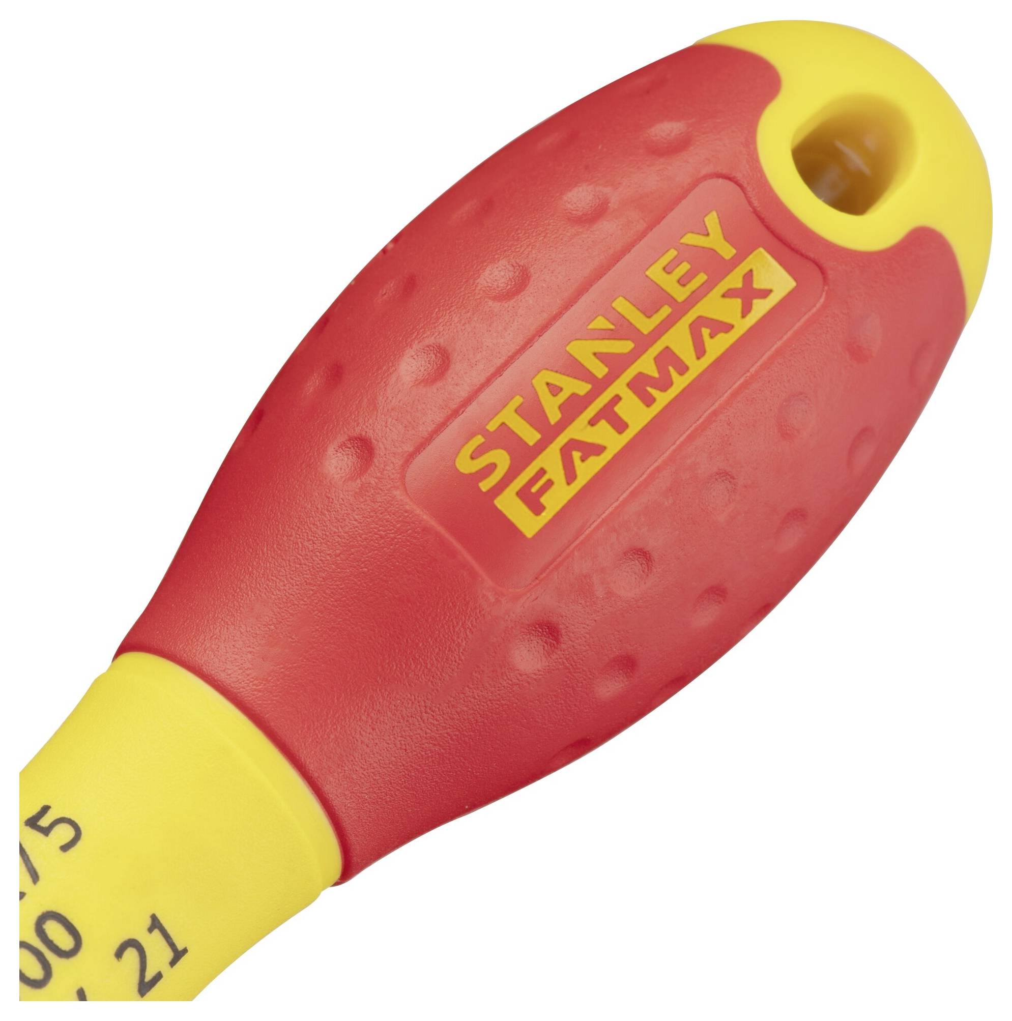 Ett skruvmejselhandtag märkt 'Stanley Fatmax' i rött och gult, som visar ett ergonomiskt design för bättre grepp.
