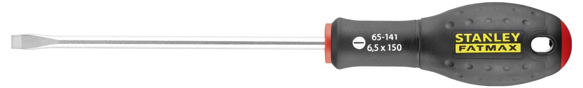 Skruvmejsel med svart, ergonomiskt handtag och bladlängd 150 mm, märkt 'Stanley Fatmax'.