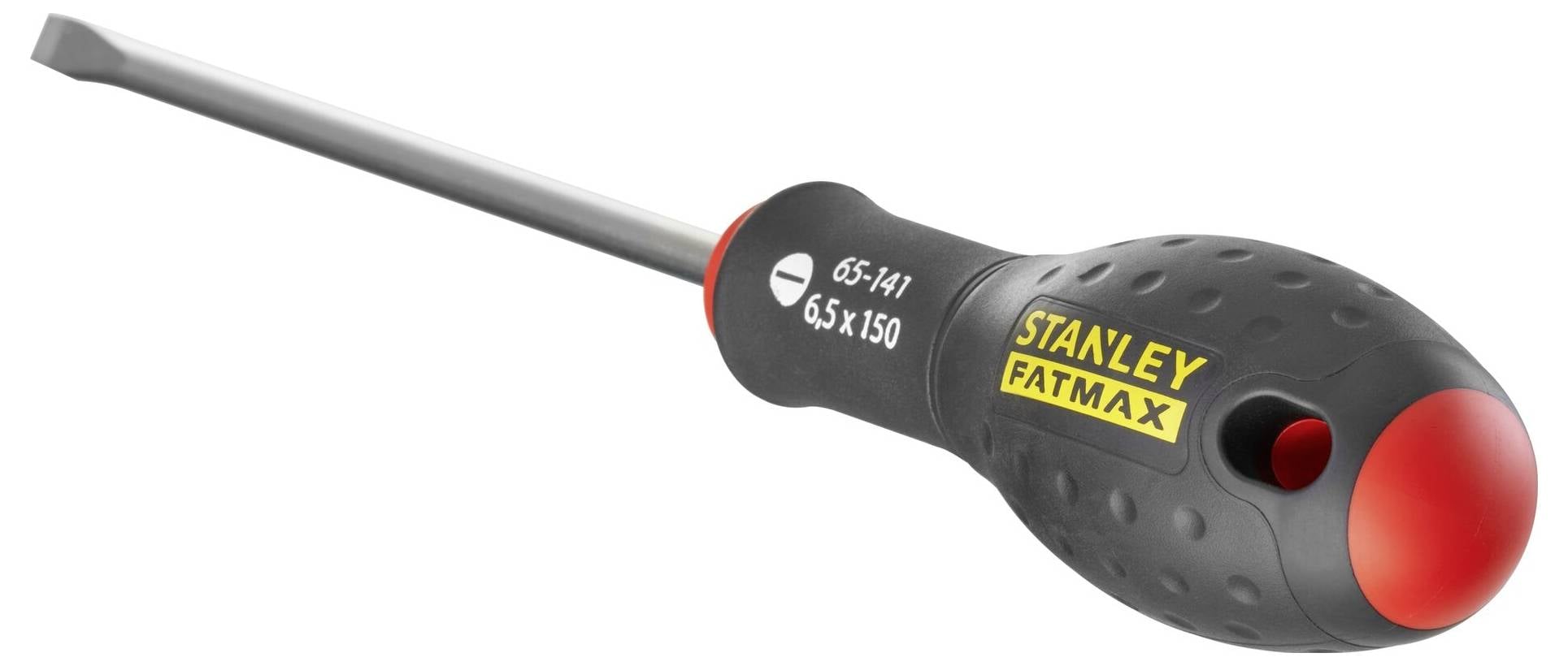 Skruvmejsel med svart, ergonomiskt utformad handtag och röd ände, märke 'Stanley FatMax', storlek 6,5 x 150 mm.