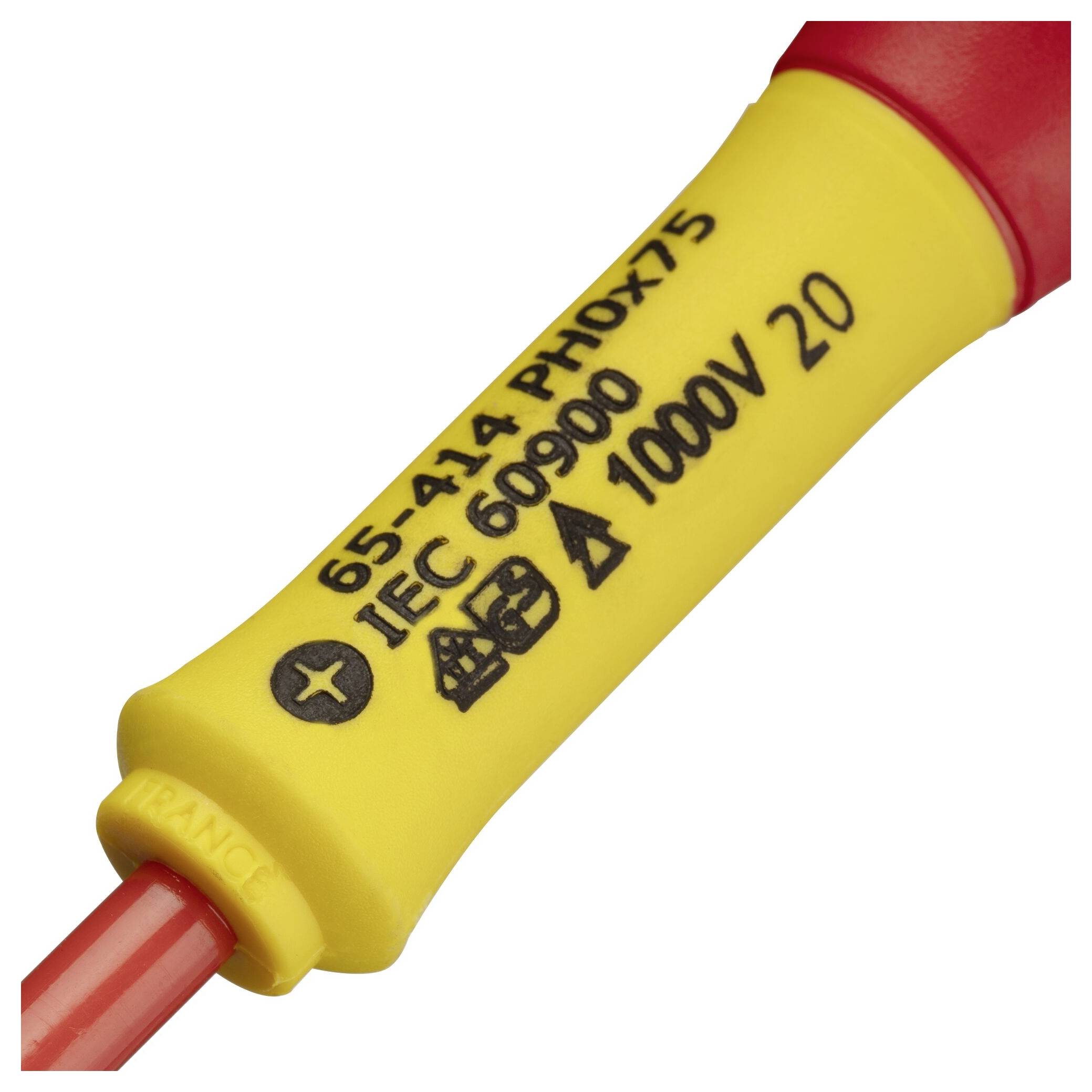 Närbild av ett isolerat skruvmejselhandtag med säkerhetsmärkningar: 'IEC 60900', '1000V'. Lämplig för arbeten på spänningsförande delar.