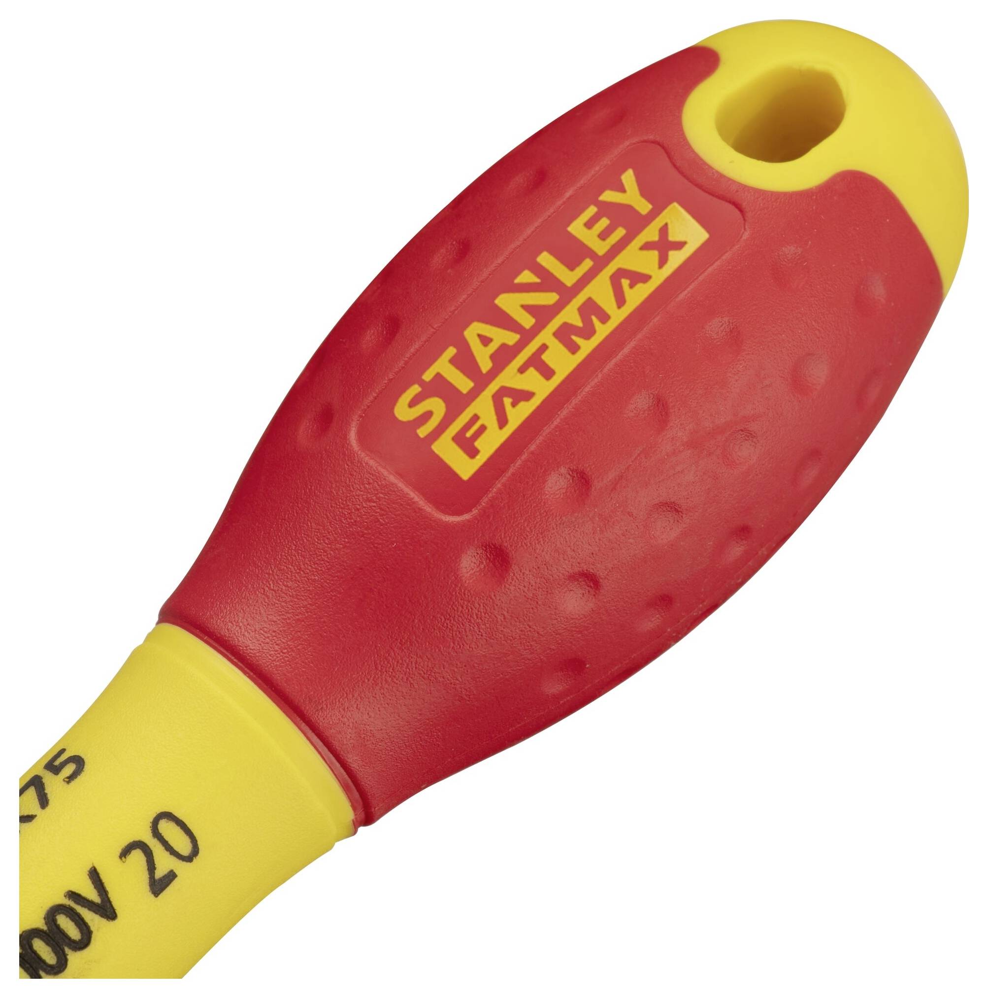 Röd och gul skruvmejselhandtag med 'Stanley Fatmax'-logotyp, gummerad yta för bättre grepp.