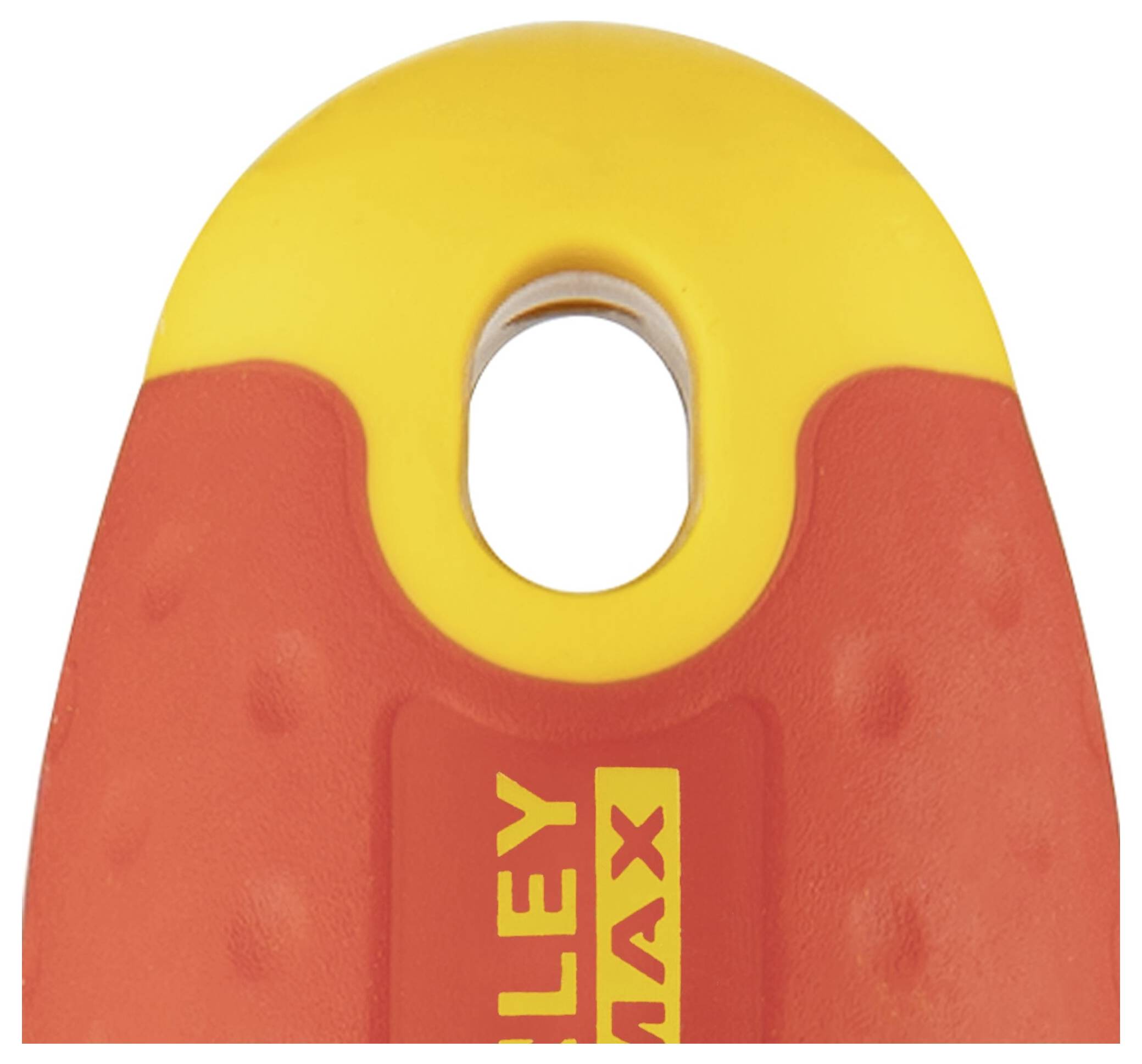 Röd och gul handtag på ett verktyg med oval öppning och 'Stanley Max' inskription.