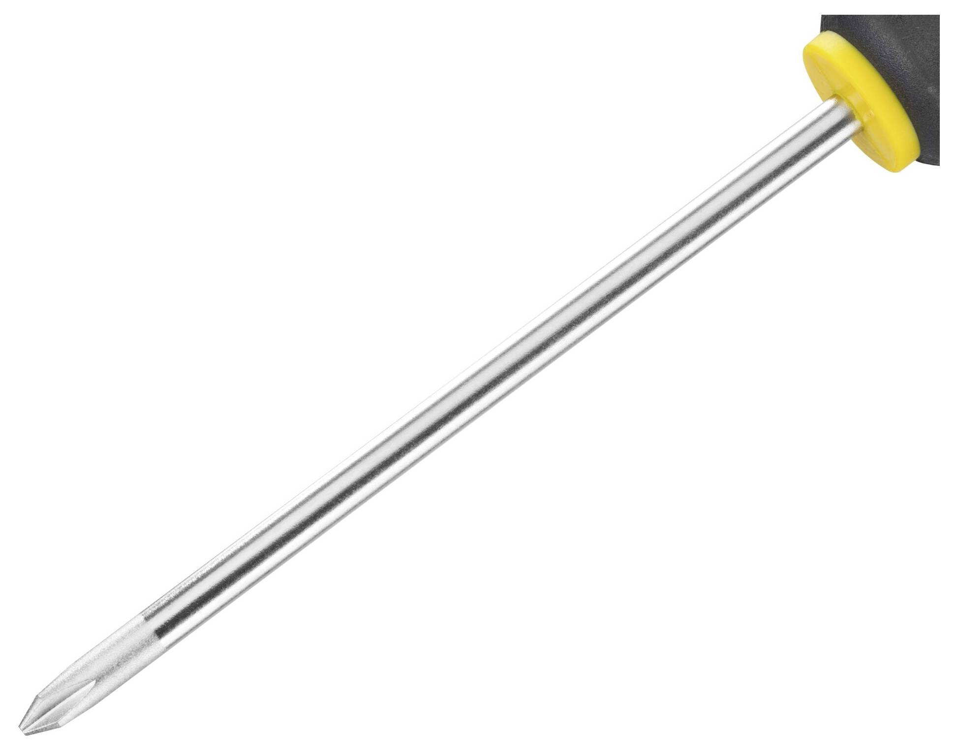 En kryssmejsel med svart skaft och gul dekorlist. Spetsen är av metall och lämpad för skruvar med kryssmönstrat spår.