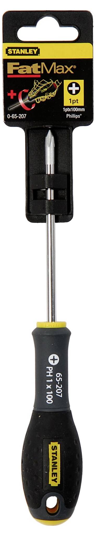 'Stanley FatMax' skruvmejsel med halksäkert grepp och krysspår, lämplig för skruvar i storlek PH1 x 100 mm.