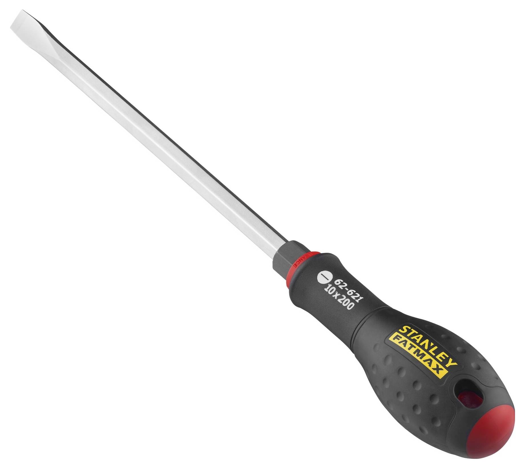 En svart skruvmejsel med platt metallhuvud och ergonomiskt handtag. Handtaget är märkt med 'STANLEY FATMAX'.