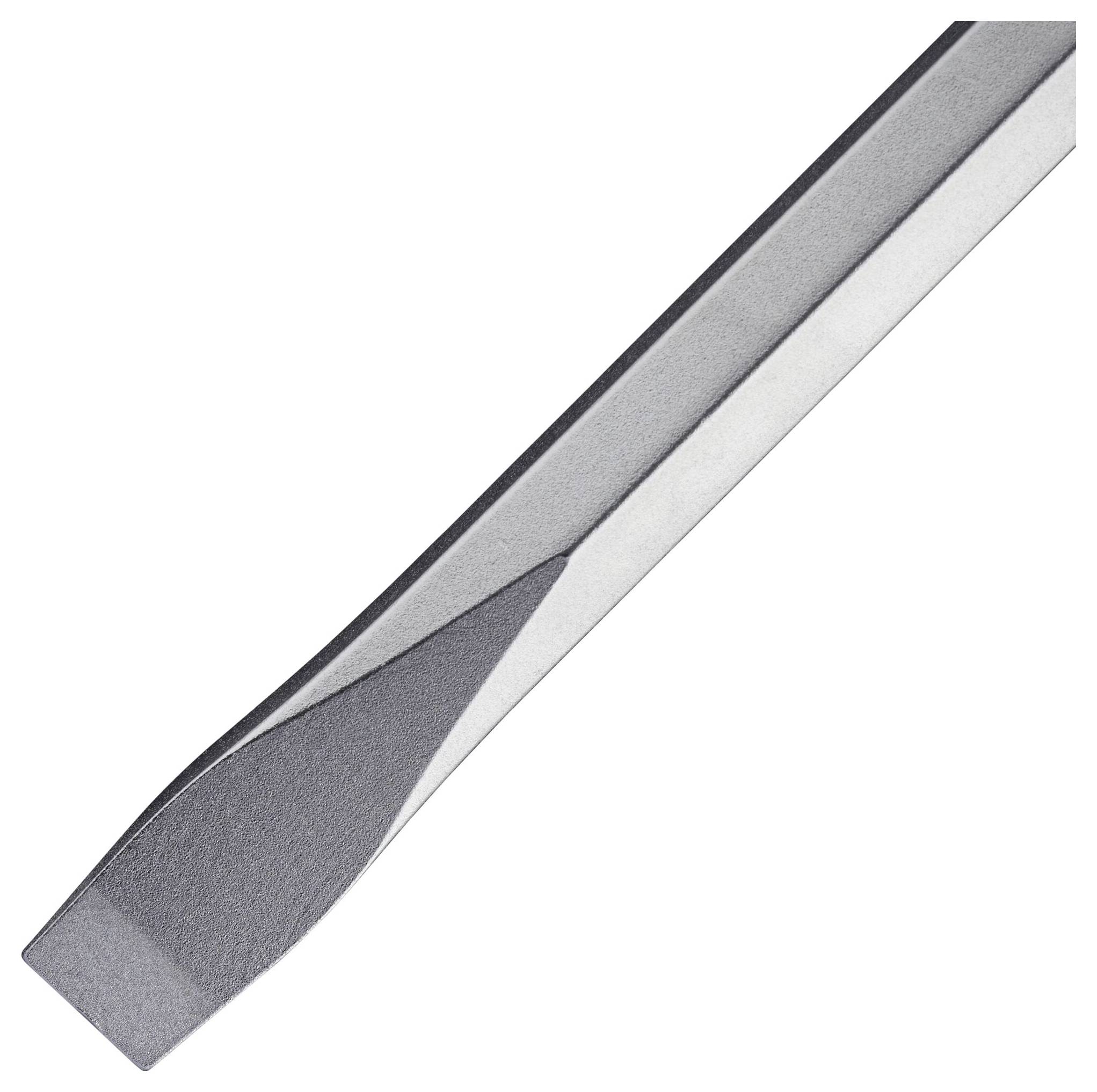 Närbild av ett flatmejsel med grå metallkropp och tillplattad spets, lämplig för mejsling av hårda material.