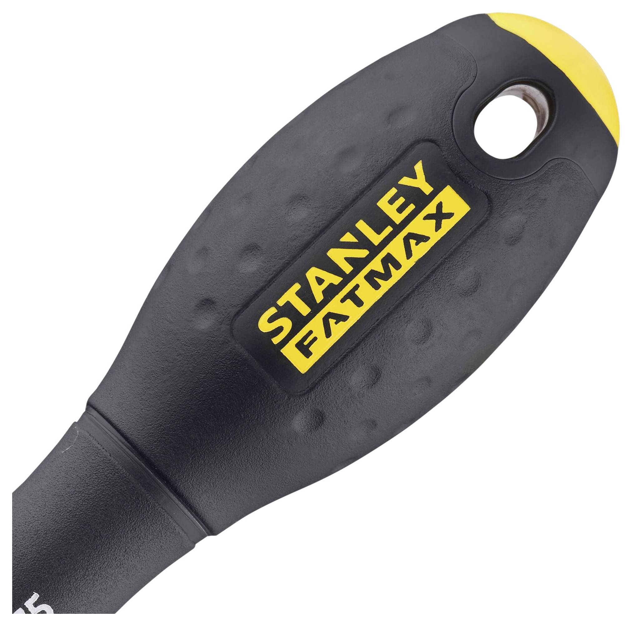 Ett verktygsgrepp med gult 'Stanley Fatmax'-logo på svart bakgrund.