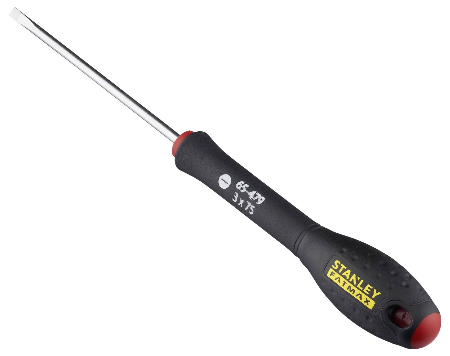 Skruvmejsel med svart, ergonomiskt skaft och silverfärgat blad, varumärket 'Stanley' i gult tryckt på skaftet.
