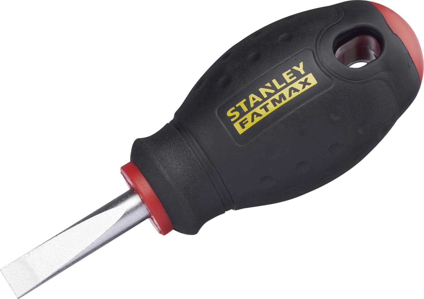En spårskruvmejsel med ett kort, svart skaft och texten 'Stanley Fatmax'.