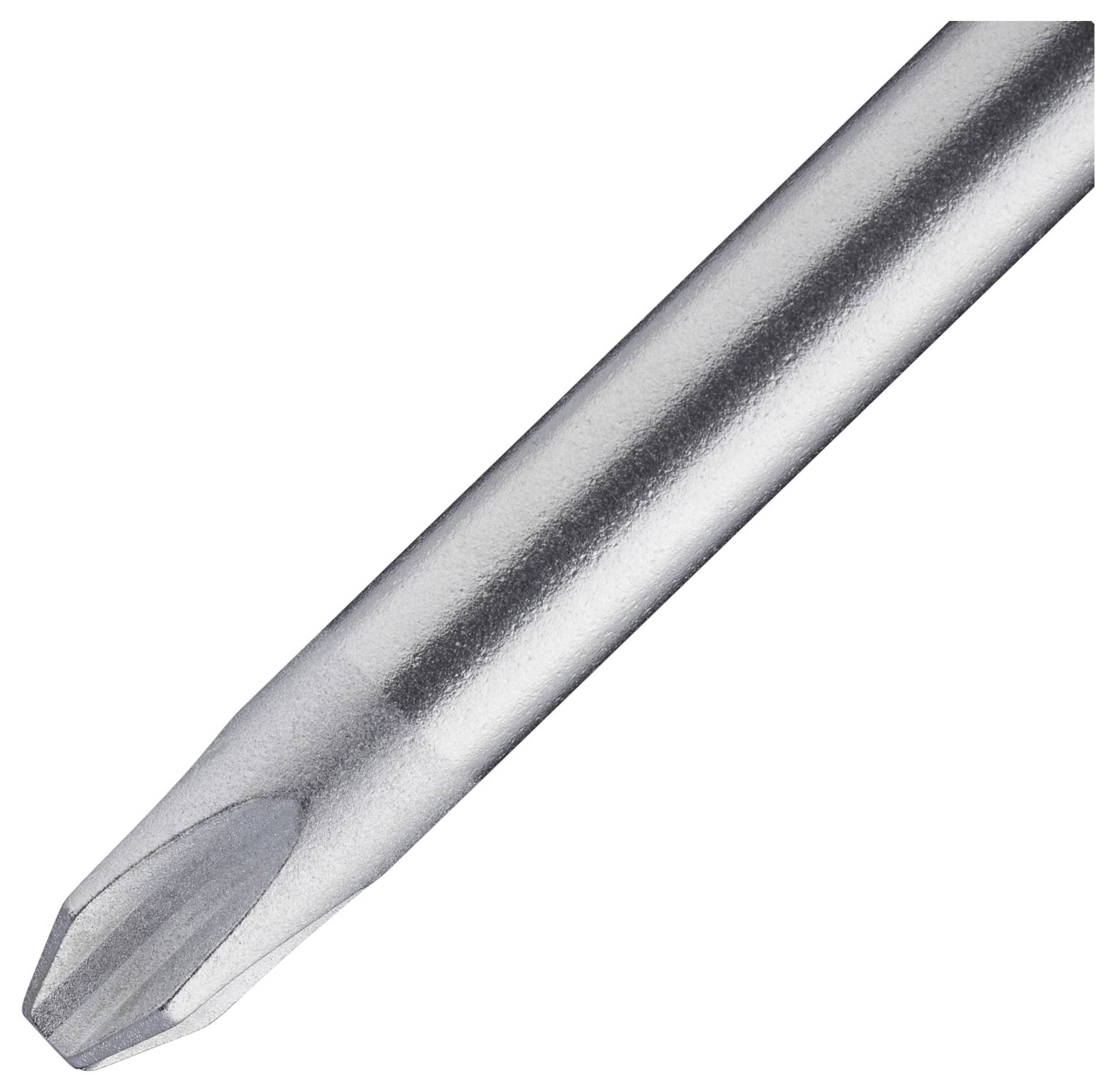 En högresistent skruvmejselinsats med platt huvud. Den har en metallisk glans och ett sexkantigt skaft.